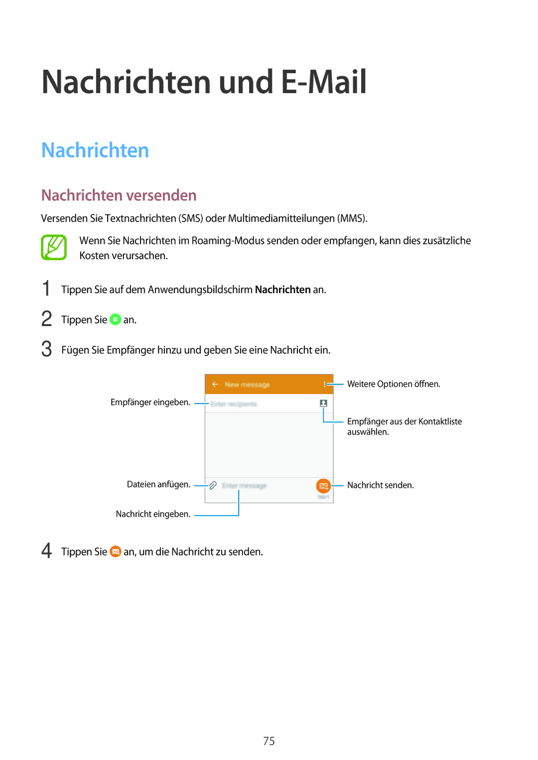 Samsung SM-G800FZBADBT, SM-G800FZWADBT, SM-G800FZDADBT, SM-G800FZKADBT manual Nachrichten und E-Mail, Nachrichten versenden 