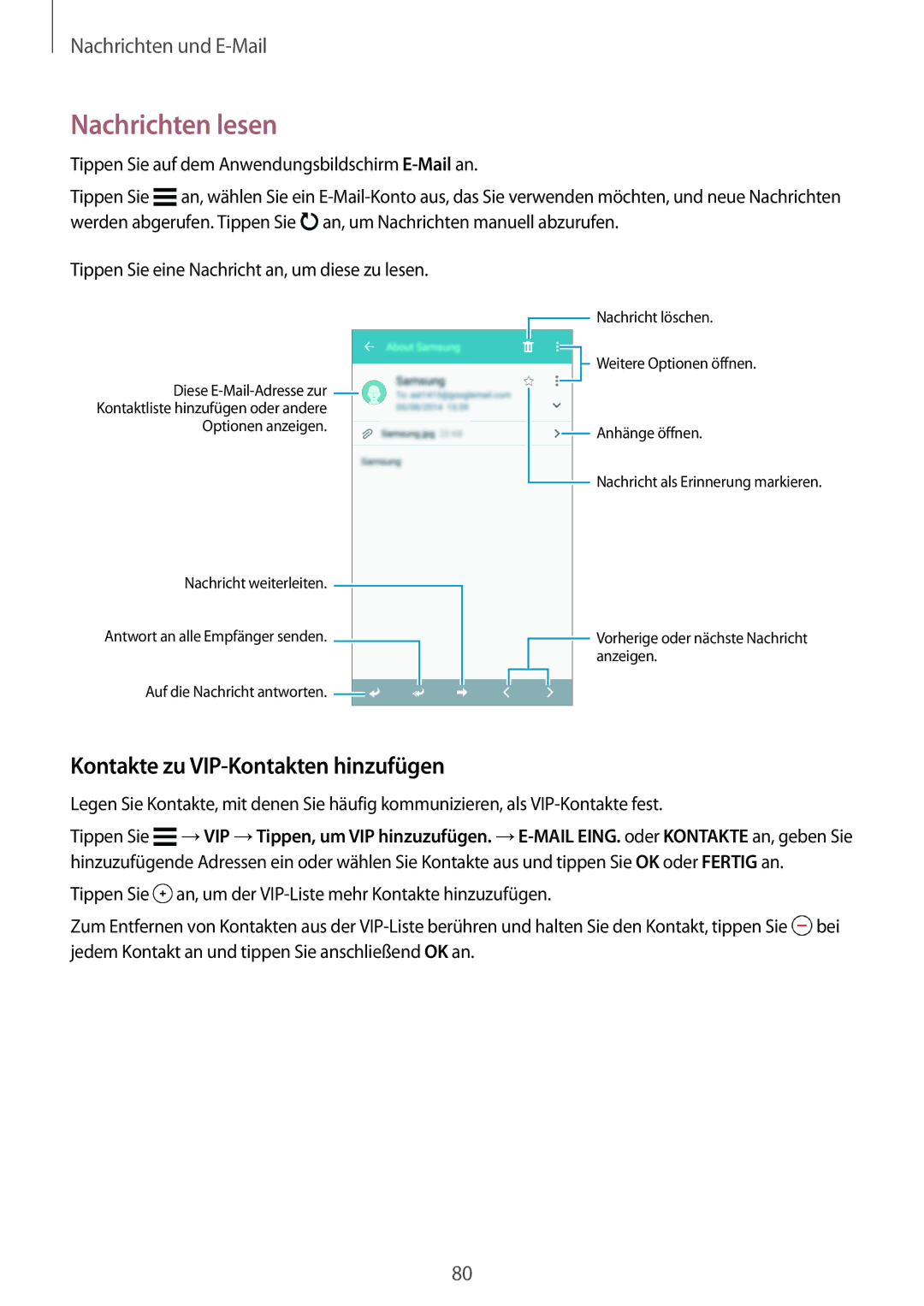 Samsung SM-G800FZWADBT, SM-G800FZDADBT, SM-G800FZKADBT manual Nachrichten lesen, Kontakte zu VIP-Kontakten hinzufügen 