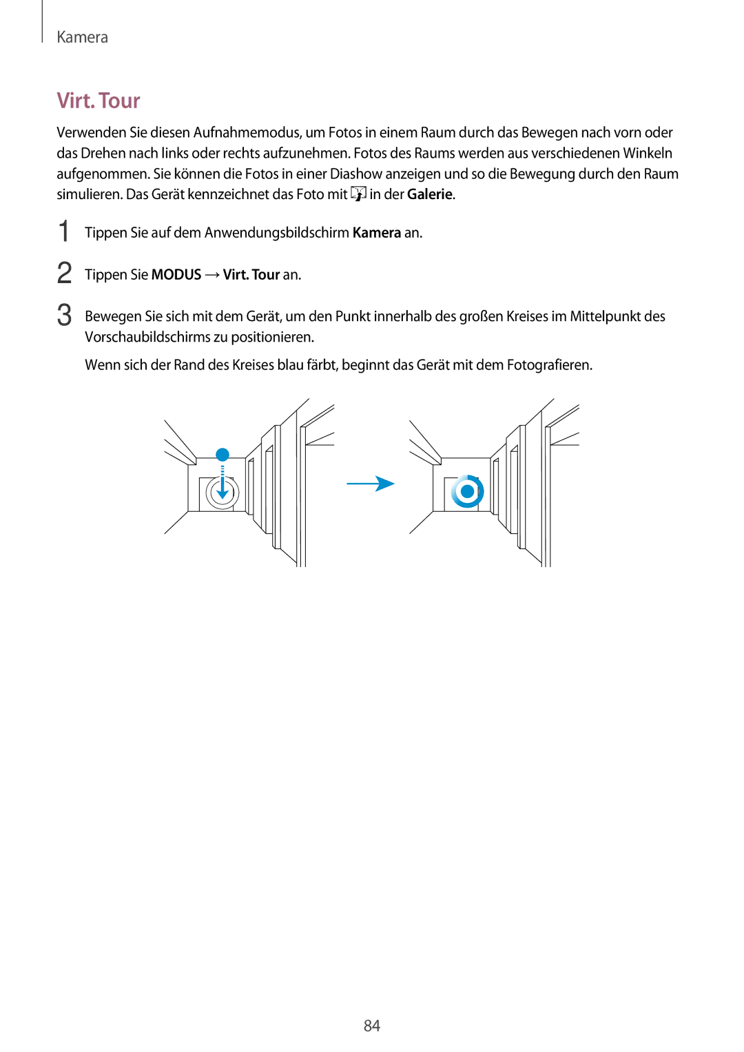 Samsung SM-G800FZWADBT, SM-G800FZDADBT, SM-G800FZKADBT, SM-G800FZBADBT manual Tippen Sie Modus →Virt. Tour an 