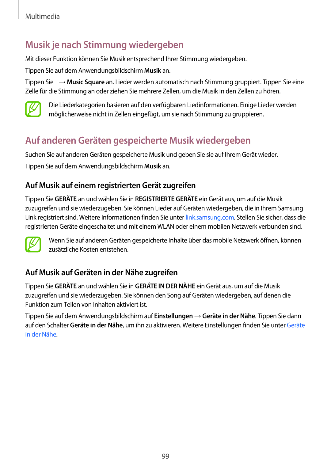 Samsung SM-G800FZBADBT manual Musik je nach Stimmung wiedergeben, Auf anderen Geräten gespeicherte Musik wiedergeben 