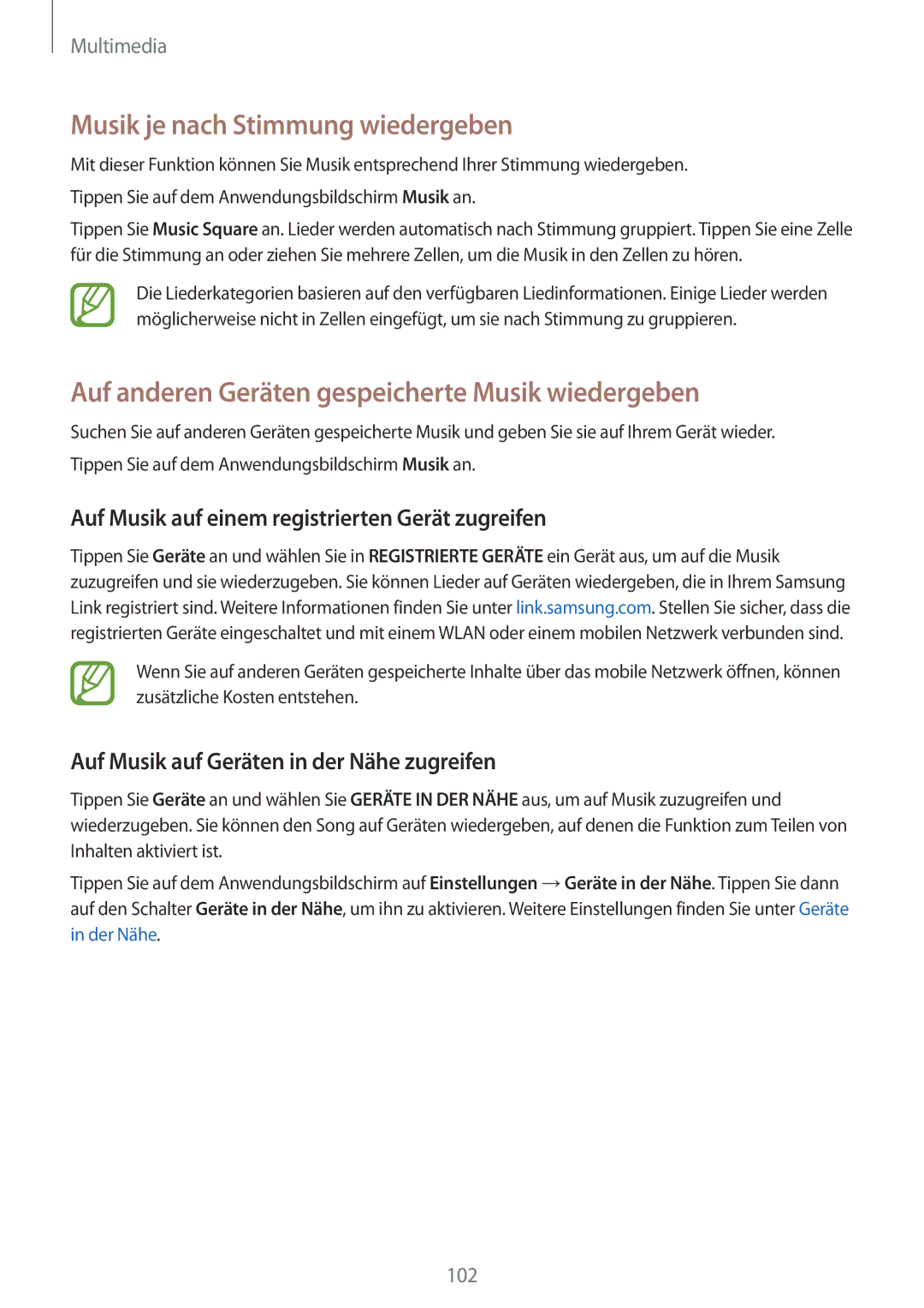 Samsung SM-G800FZKADBT manual Musik je nach Stimmung wiedergeben, Auf anderen Geräten gespeicherte Musik wiedergeben 