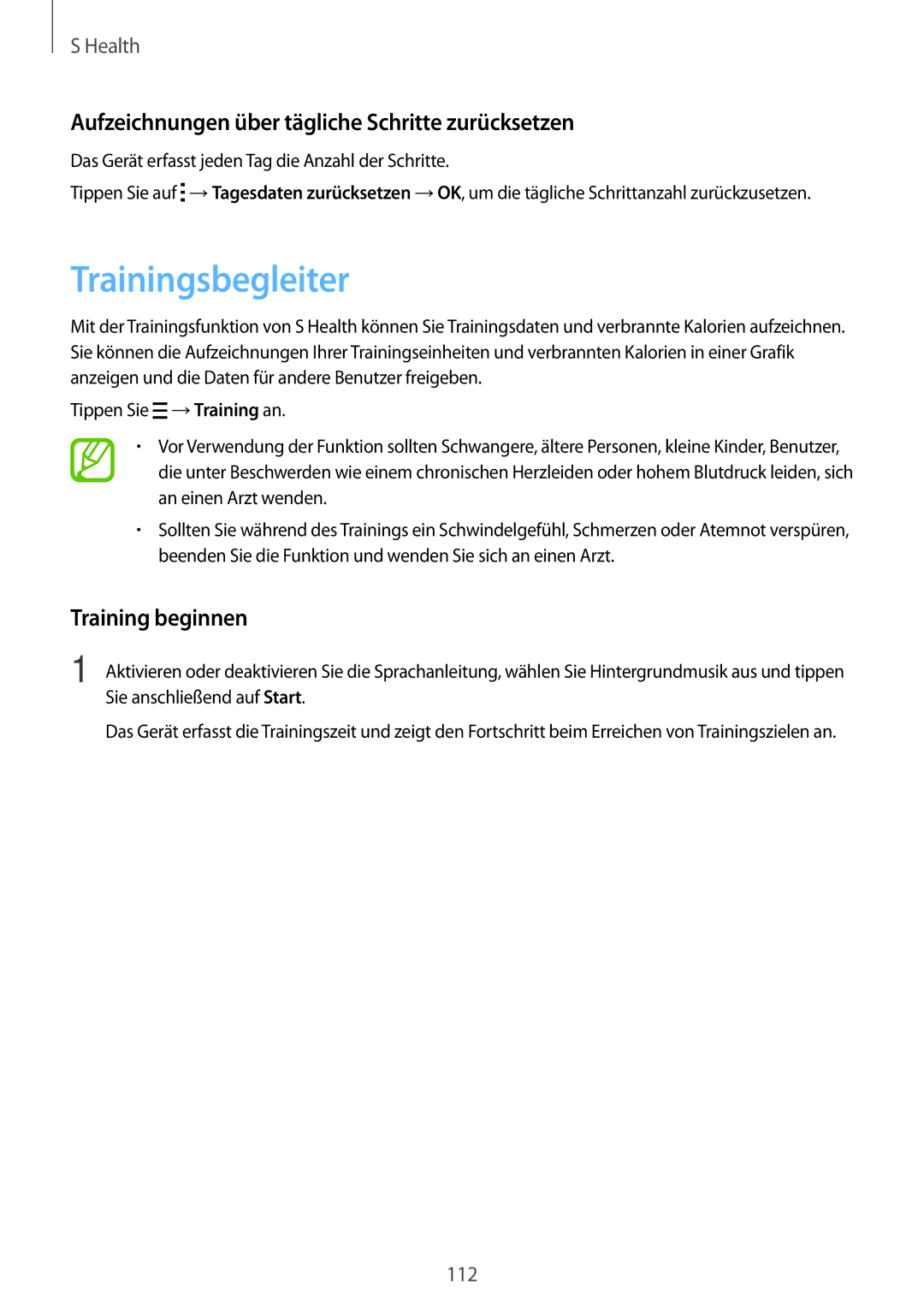 Samsung SM-G800FZWADBT manual Trainingsbegleiter, Aufzeichnungen über tägliche Schritte zurücksetzen, Training beginnen 