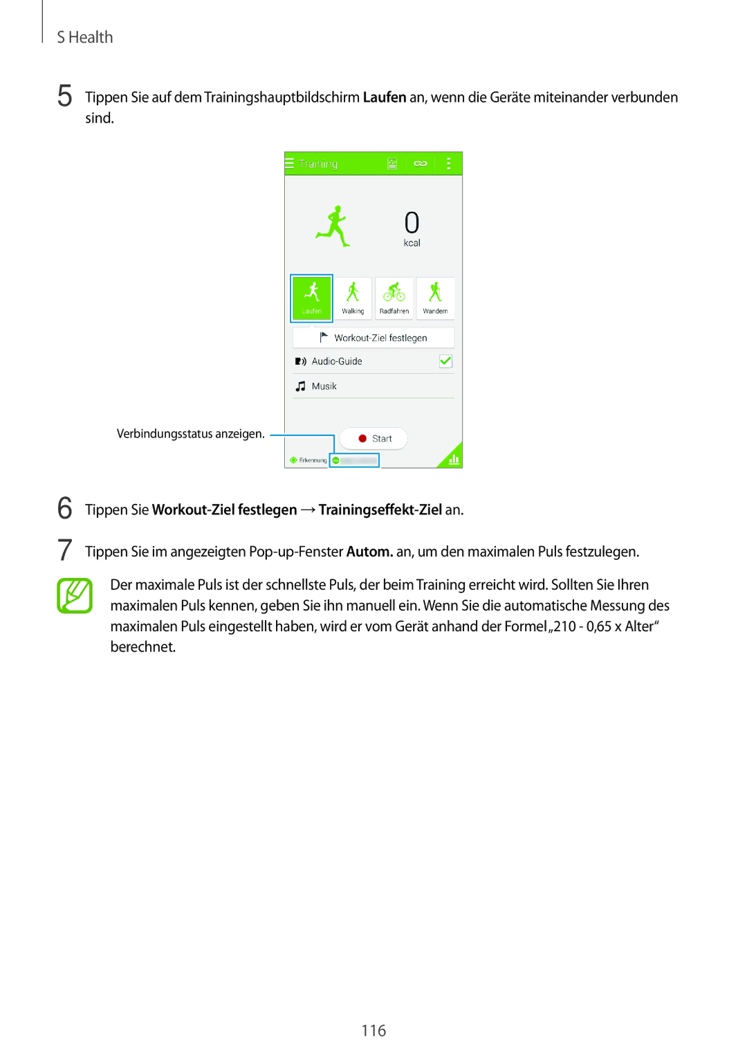 Samsung SM-G800FZWADBT, SM-G800FZDADBT, SM-G800FZKADBT manual Tippen Sie Workout-Ziel festlegen →Trainingseffekt-Ziel an 