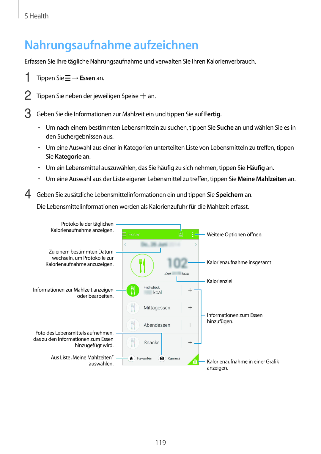 Samsung SM-G800FZBADBT, SM-G800FZWADBT, SM-G800FZDADBT manual Nahrungsaufnahme aufzeichnen, Kalorienaufnahme anzuzeigen 