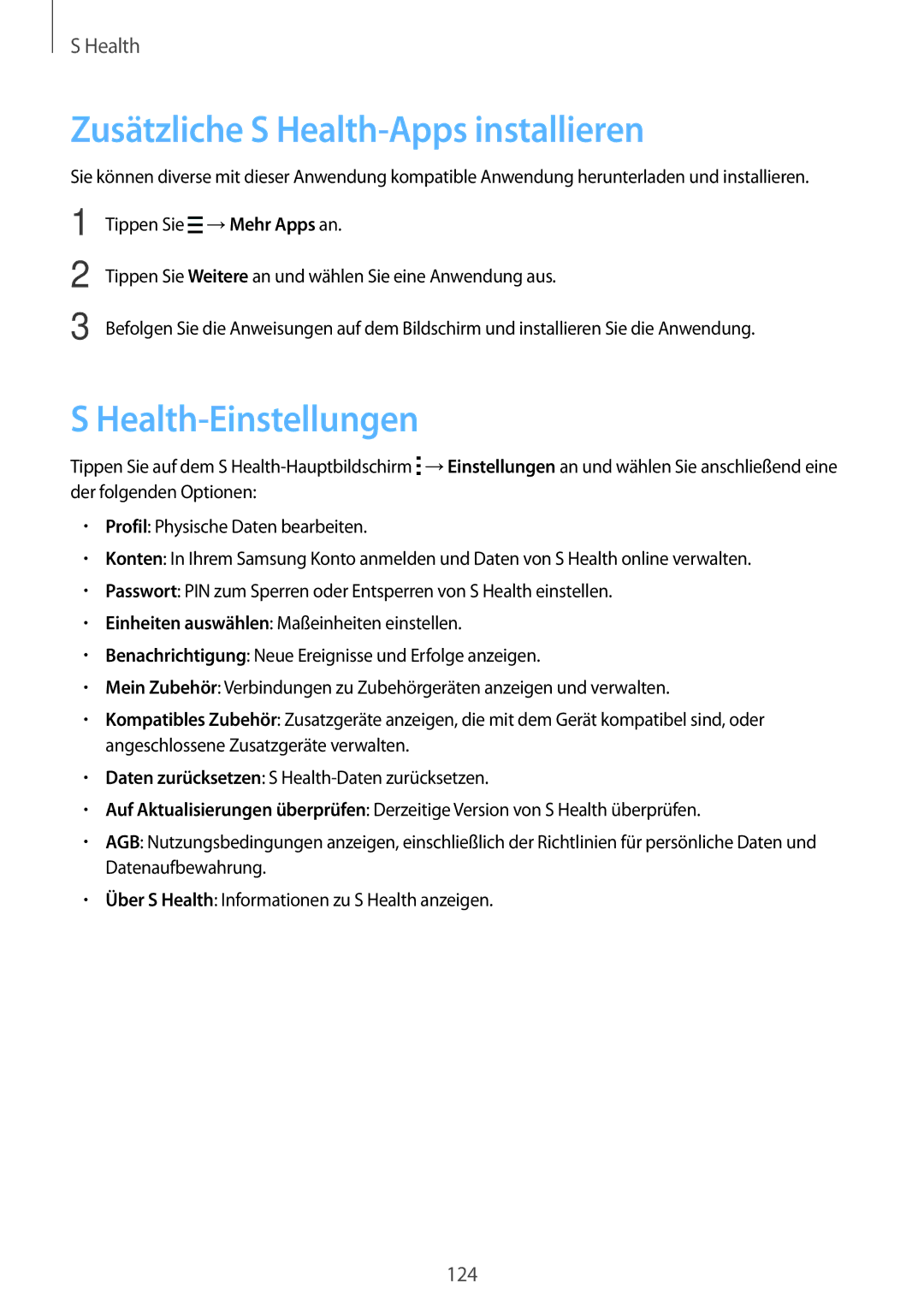 Samsung SM-G800FZWADBT, SM-G800FZDADBT, SM-G800FZKADBT manual Zusätzliche S Health-Apps installieren, Health-Einstellungen 