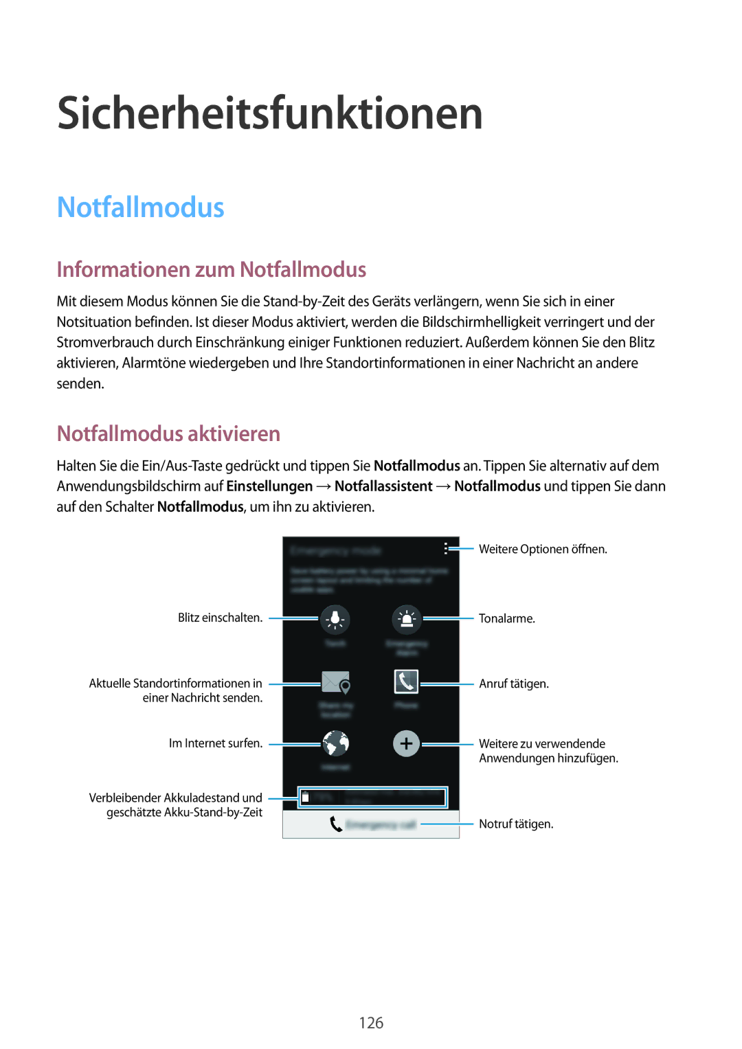 Samsung SM-G800FZKADBT, SM-G800FZWADBT Sicherheitsfunktionen, Informationen zum Notfallmodus, Notfallmodus aktivieren 