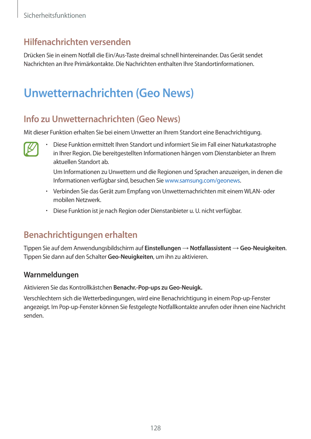 Samsung SM-G800FZWADBT Hilfenachrichten versenden, Info zu Unwetternachrichten Geo News, Benachrichtigungen erhalten 