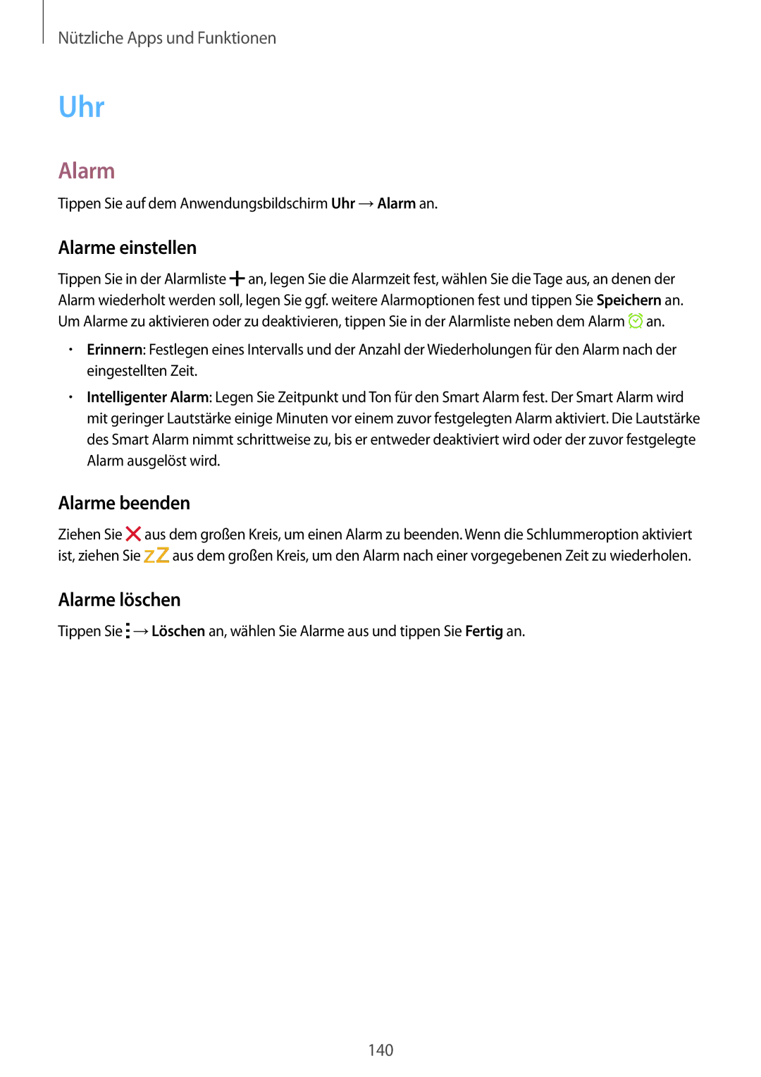 Samsung SM-G800FZWADBT, SM-G800FZDADBT, SM-G800FZKADBT manual Uhr, Alarme einstellen, Alarme beenden, Alarme löschen 