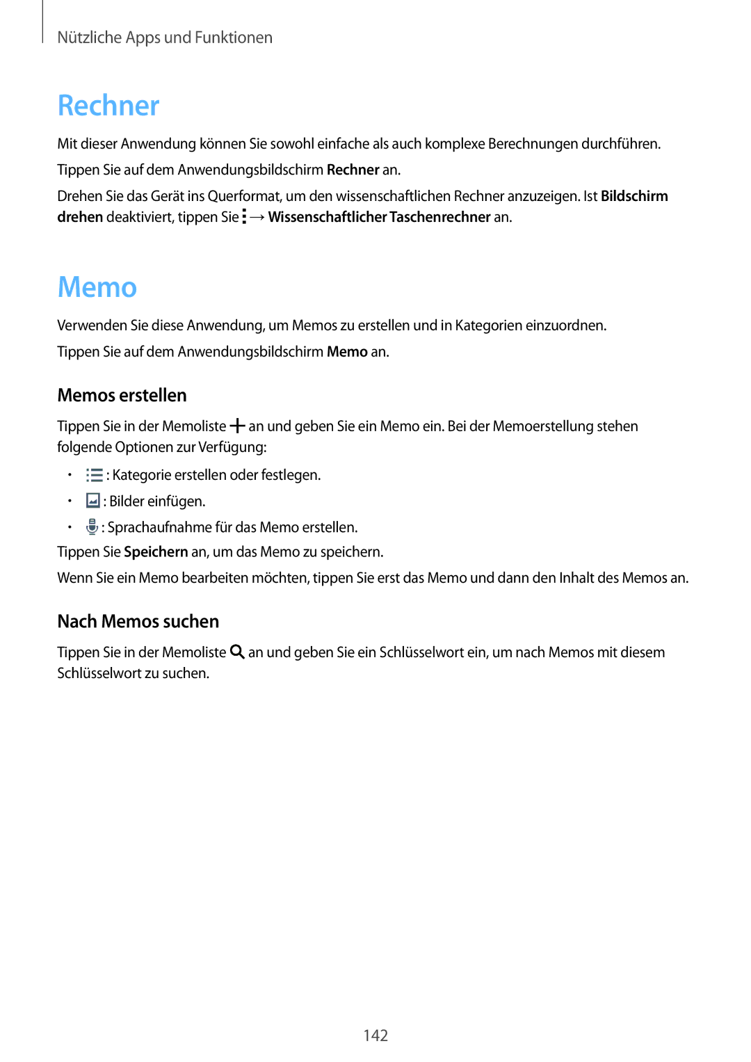 Samsung SM-G800FZKADBT, SM-G800FZWADBT, SM-G800FZDADBT, SM-G800FZBADBT manual Rechner, Memos erstellen, Nach Memos suchen 