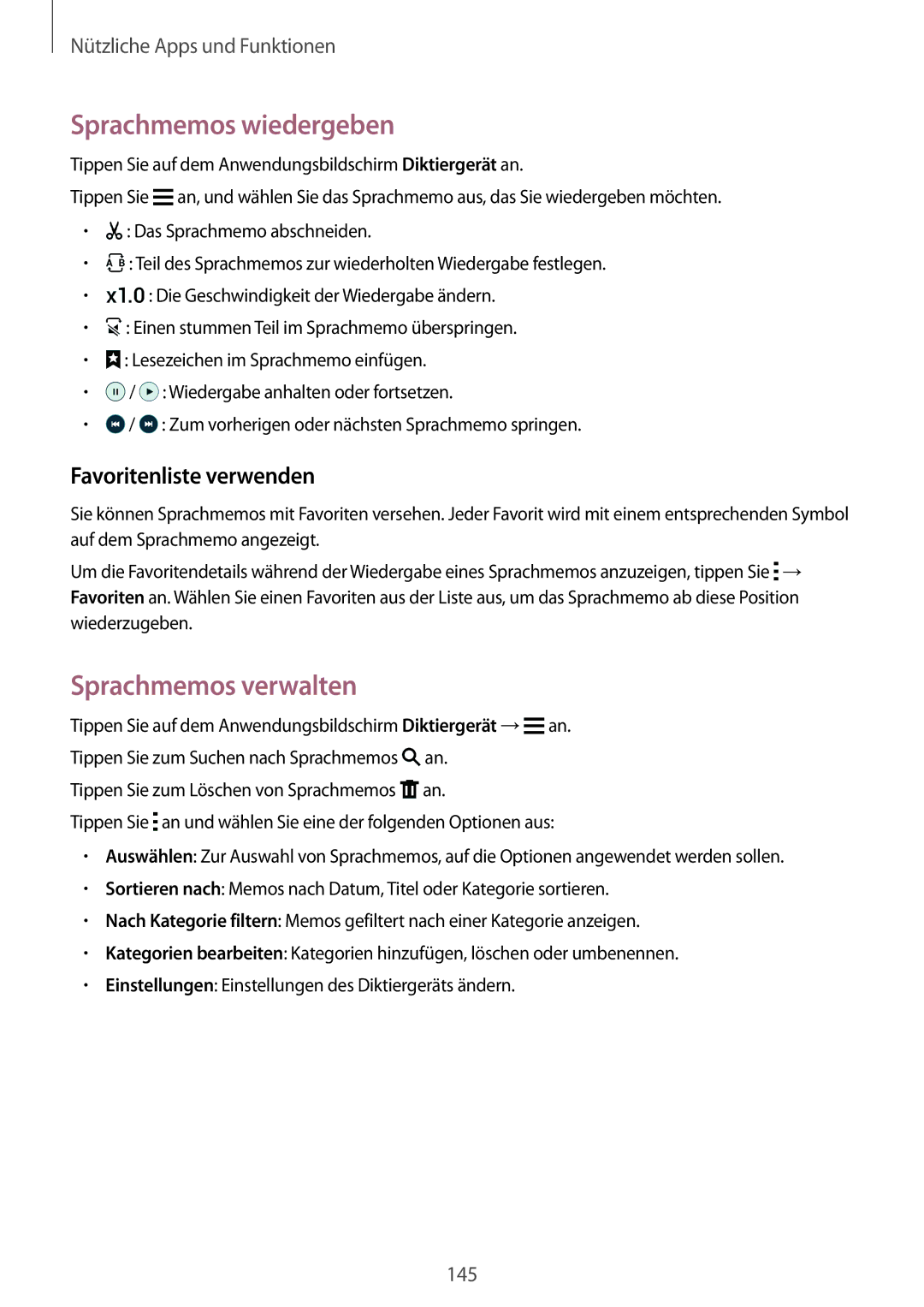 Samsung SM-G800FZDADBT, SM-G800FZWADBT manual Sprachmemos wiedergeben, Sprachmemos verwalten, Favoritenliste verwenden 