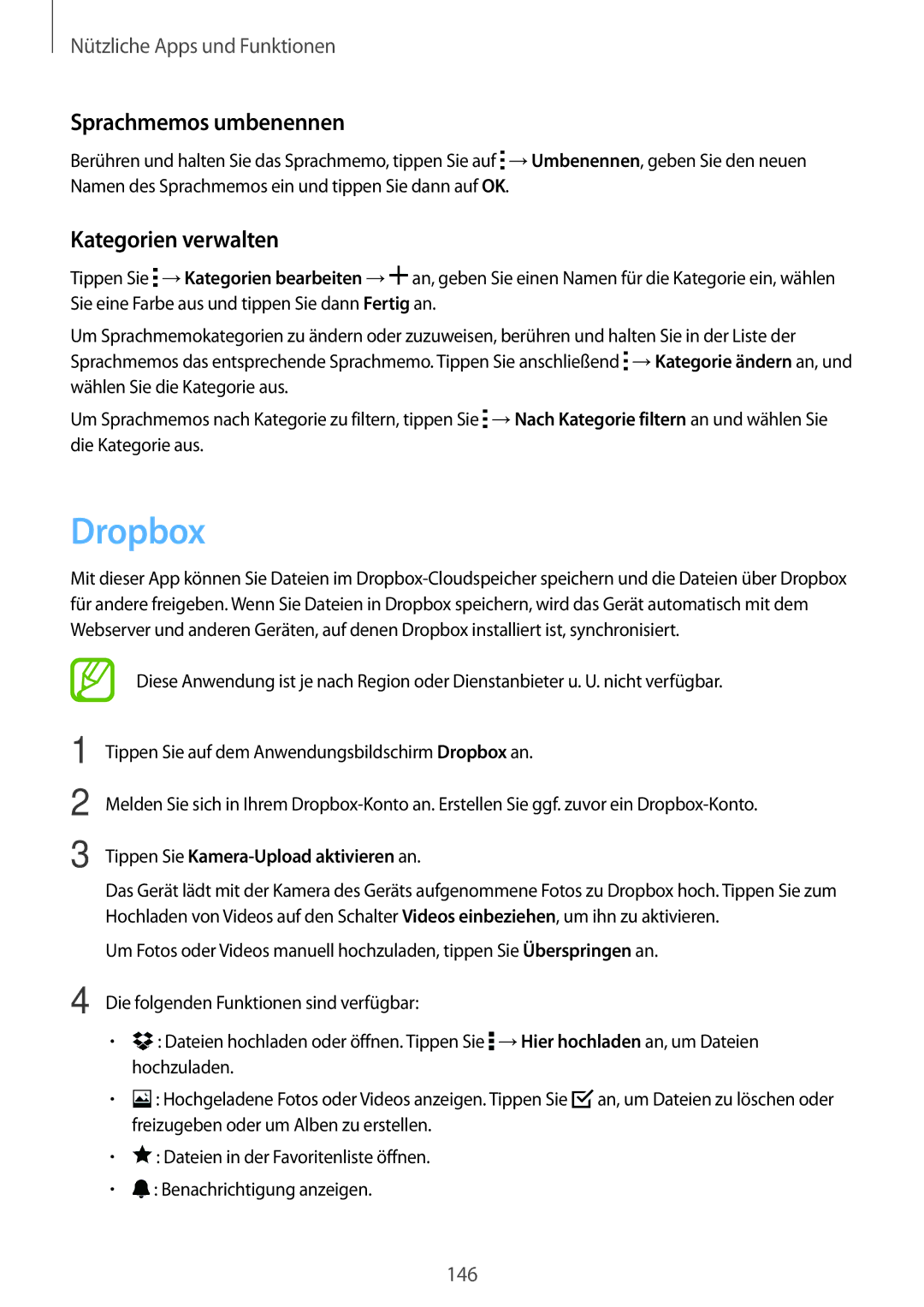 Samsung SM-G800FZKADBT manual Dropbox, Sprachmemos umbenennen, Kategorien verwalten, Tippen Sie Kamera-Upload aktivieren an 