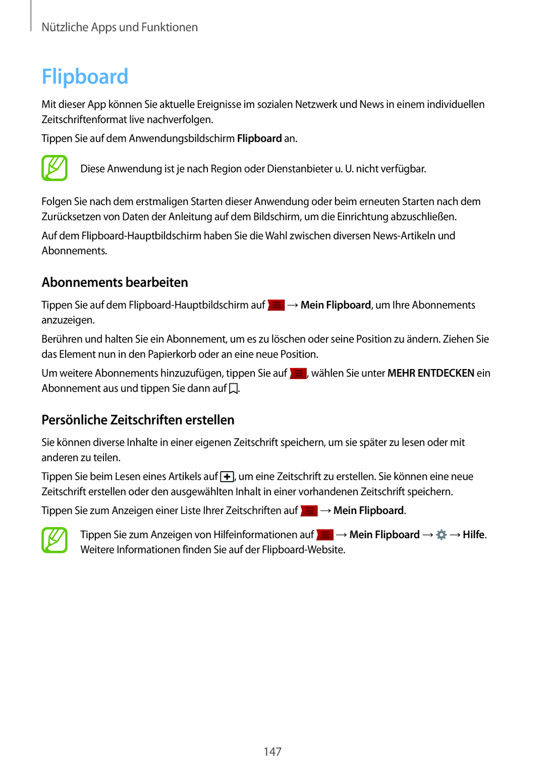 Samsung SM-G800FZBADBT, SM-G800FZWADBT manual Flipboard, Abonnements bearbeiten, Persönliche Zeitschriften erstellen 