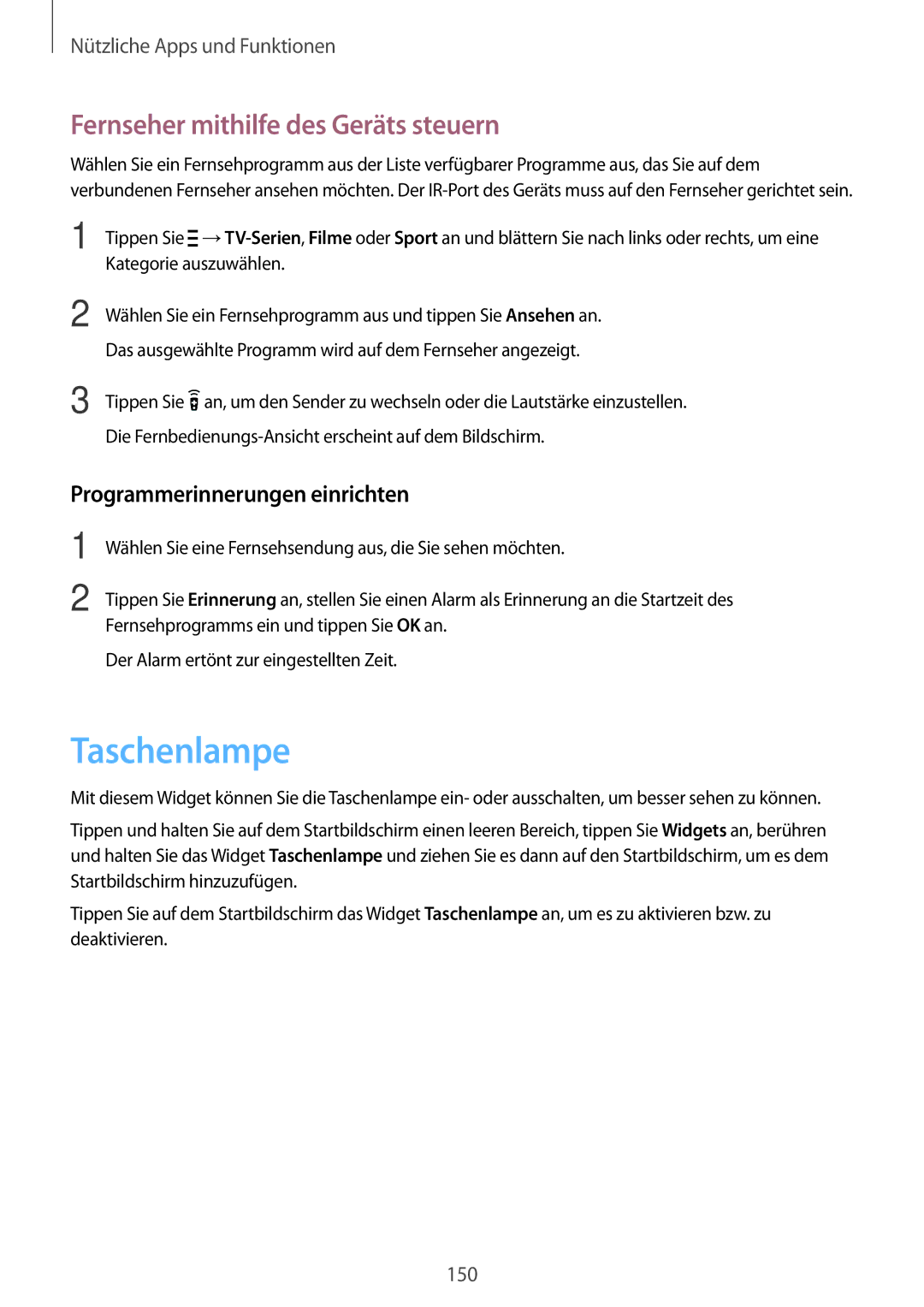 Samsung SM-G800FZKADBT manual Taschenlampe, Fernseher mithilfe des Geräts steuern, Programmerinnerungen einrichten 