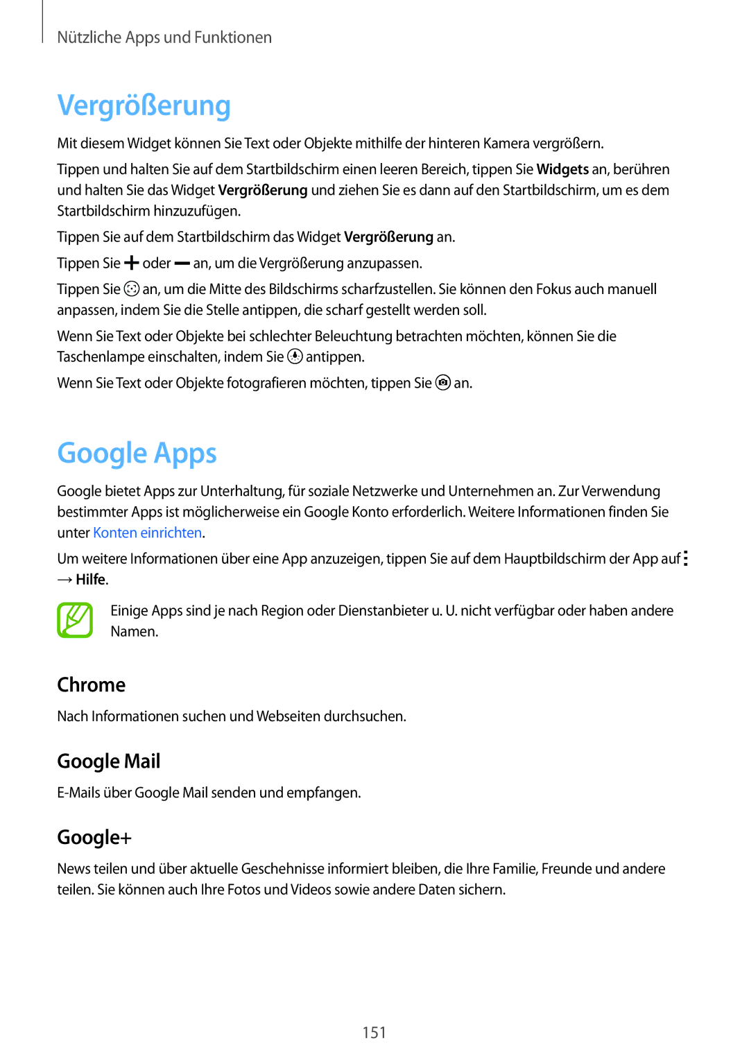 Samsung SM-G800FZBADBT, SM-G800FZWADBT, SM-G800FZDADBT, SM-G800FZKADBT manual Vergrößerung, Google Apps, → Hilfe 