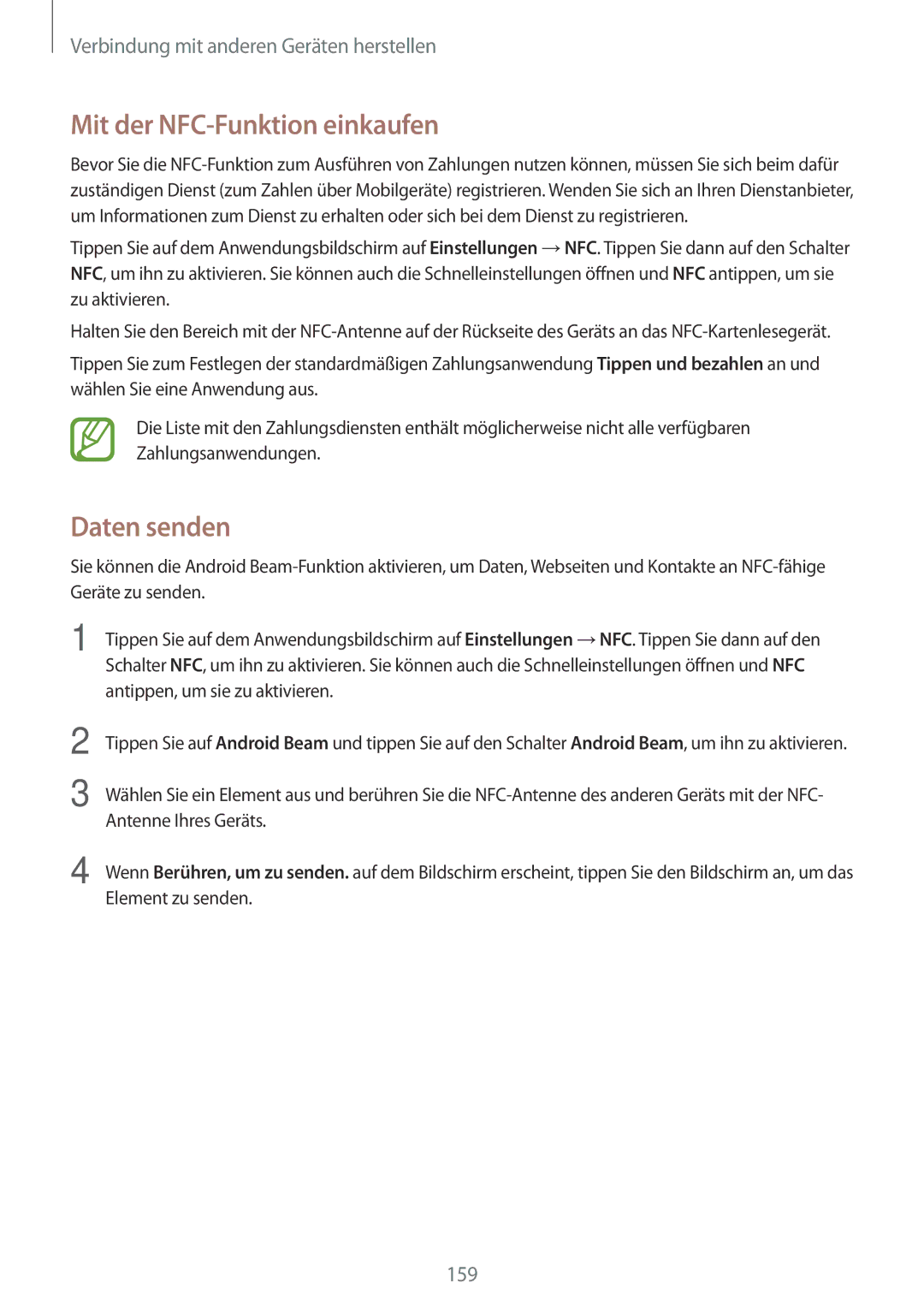 Samsung SM-G800FZBADBT, SM-G800FZWADBT, SM-G800FZDADBT, SM-G800FZKADBT manual Mit der NFC-Funktion einkaufen, Daten senden 