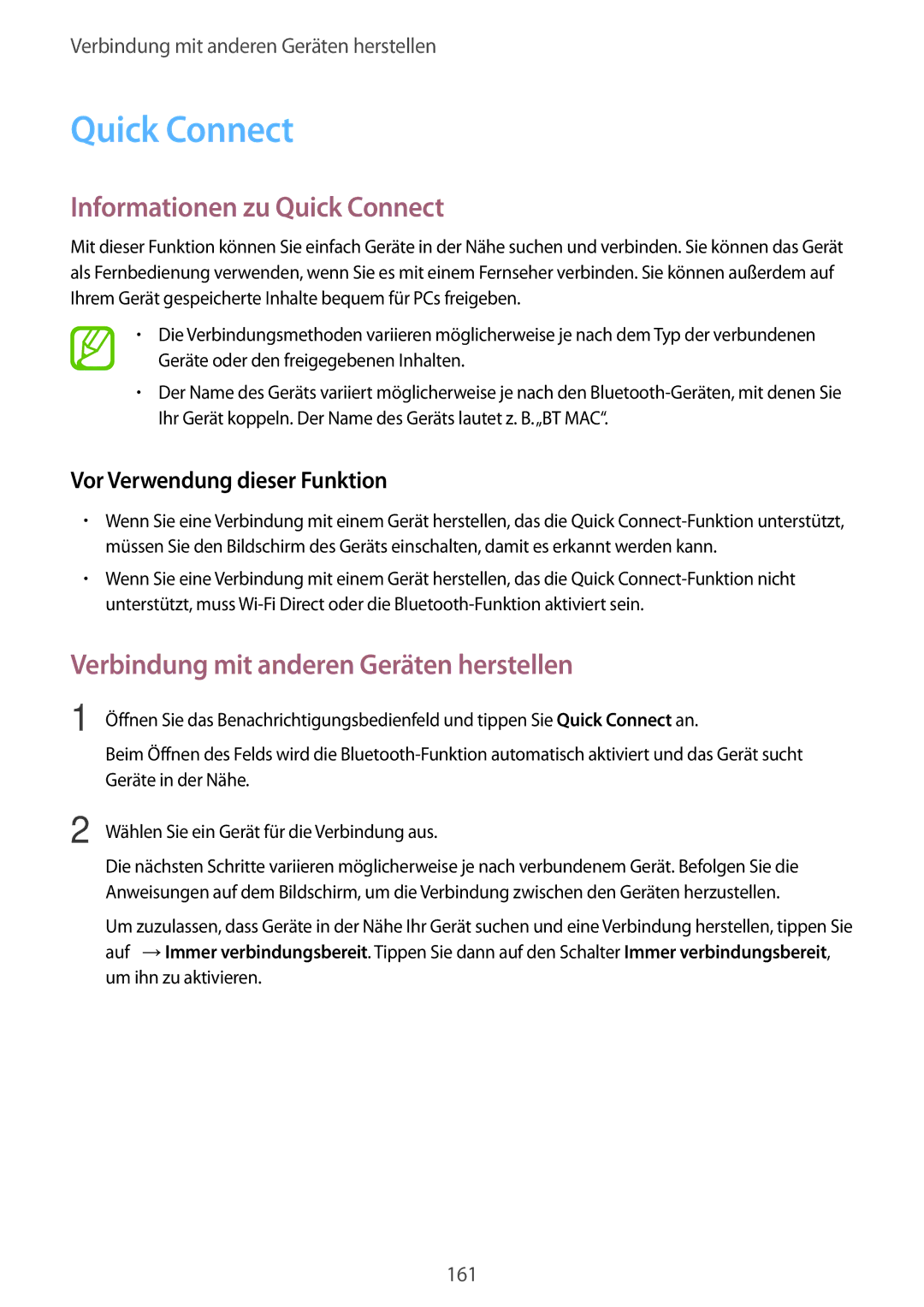 Samsung SM-G800FZDADBT, SM-G800FZWADBT, SM-G800FZKADBT Informationen zu Quick Connect, Vor Verwendung dieser Funktion 