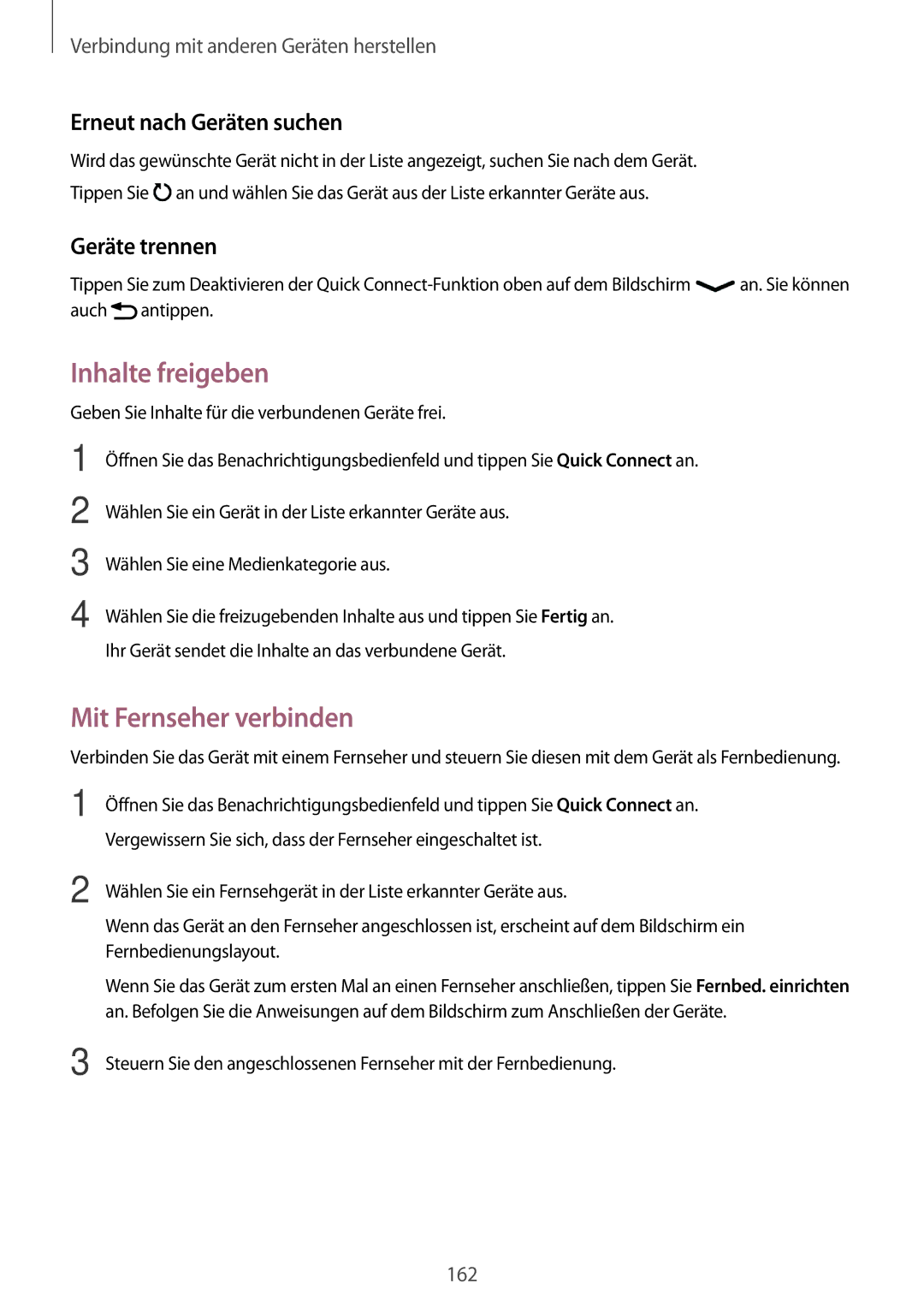 Samsung SM-G800FZKADBT, SM-G800FZWADBT, SM-G800FZDADBT manual Inhalte freigeben, Erneut nach Geräten suchen, Geräte trennen 