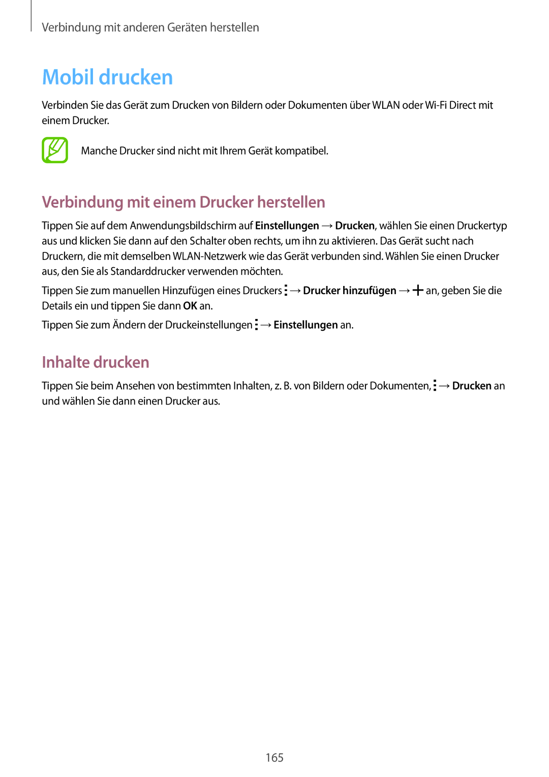 Samsung SM-G800FZDADBT, SM-G800FZWADBT manual Mobil drucken, Verbindung mit einem Drucker herstellen, Inhalte drucken 