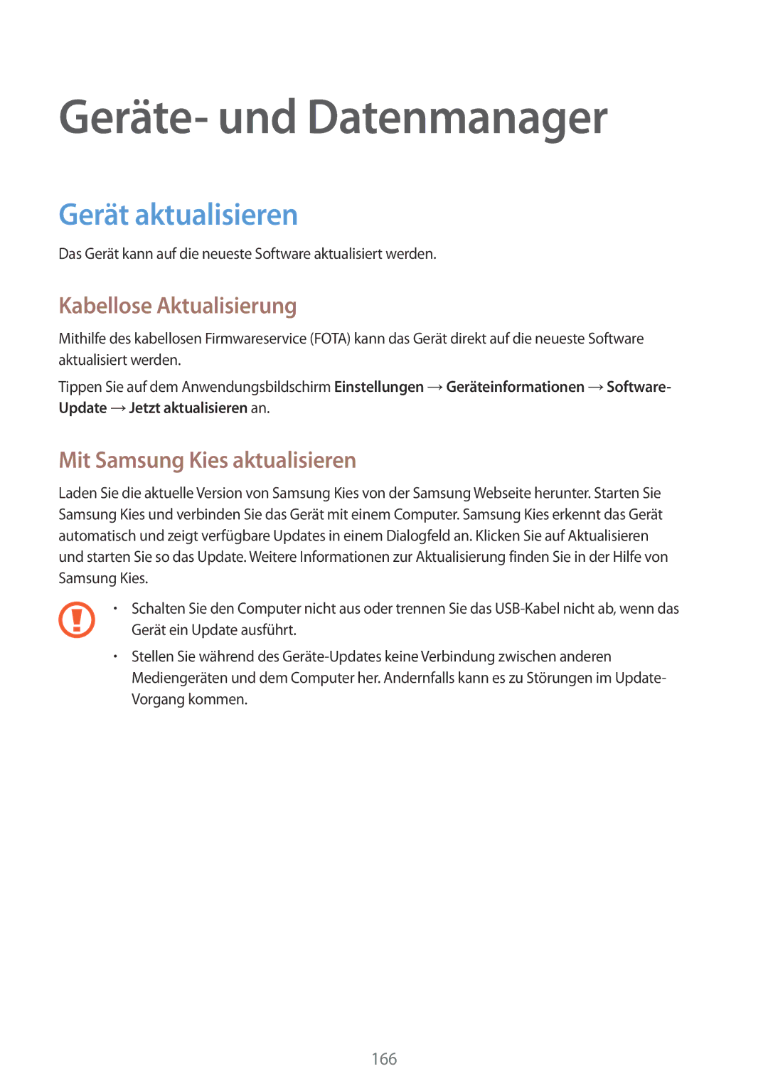 Samsung SM-G800FZKADBT, SM-G800FZWADBT manual Geräte- und Datenmanager, Gerät aktualisieren, Kabellose Aktualisierung 