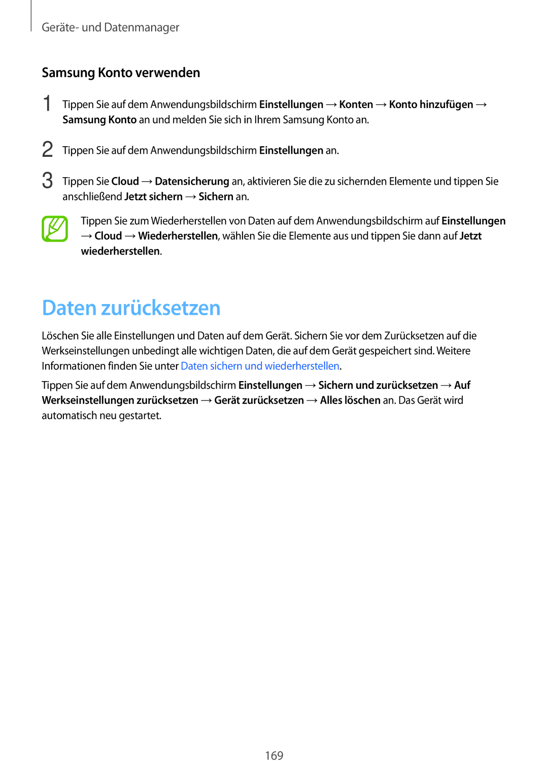 Samsung SM-G800FZDADBT, SM-G800FZWADBT, SM-G800FZKADBT, SM-G800FZBADBT manual Daten zurücksetzen, Samsung Konto verwenden 