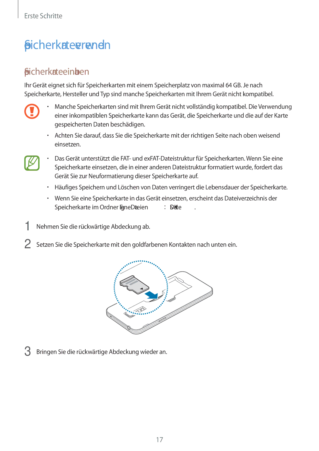 Samsung SM-G800FZDADBT, SM-G800FZWADBT, SM-G800FZKADBT, SM-G800FZBADBT manual Speicherkarte verwenden, Speicherkarte einbauen 