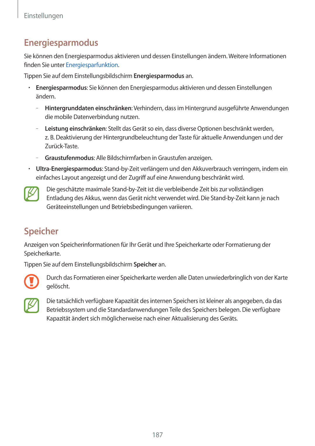 Samsung SM-G800FZBADBT, SM-G800FZWADBT, SM-G800FZDADBT, SM-G800FZKADBT manual Energiesparmodus, Speicher 