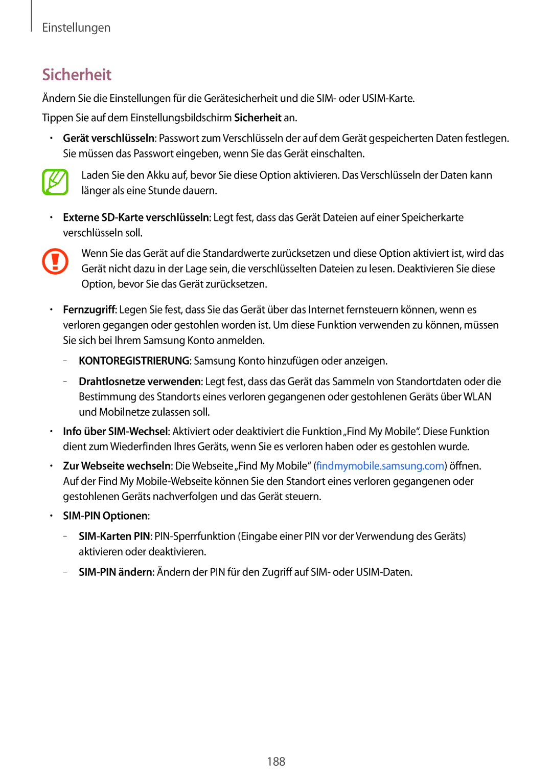 Samsung SM-G800FZWADBT, SM-G800FZDADBT, SM-G800FZKADBT, SM-G800FZBADBT manual Sicherheit, SIM-PIN Optionen 