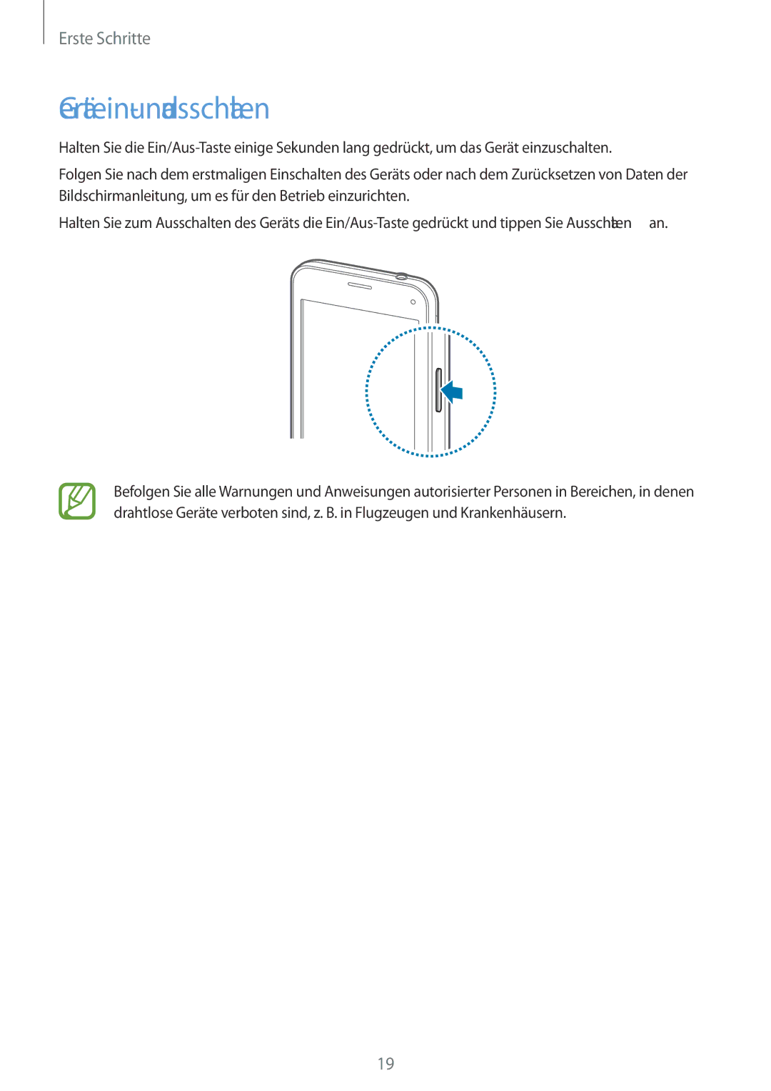 Samsung SM-G800FZBADBT, SM-G800FZWADBT, SM-G800FZDADBT, SM-G800FZKADBT manual Gerät ein- und ausschalten 