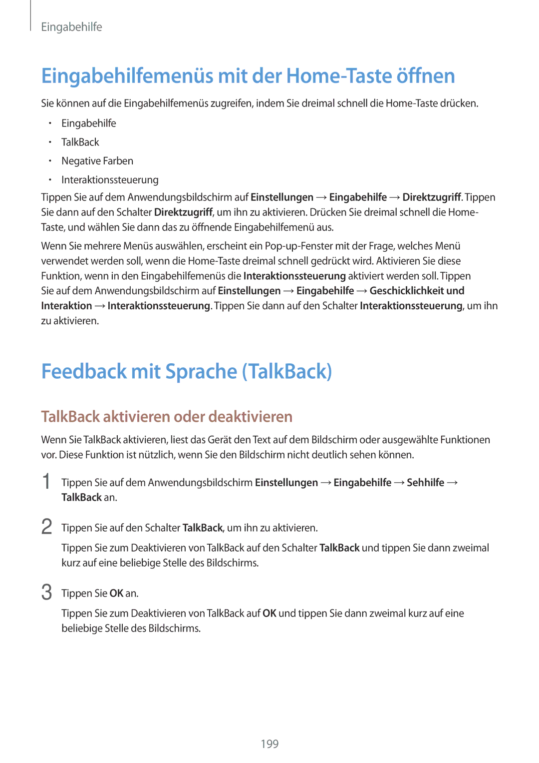 Samsung SM-G800FZBADBT manual Eingabehilfemenüs mit der Home-Taste öffnen, Feedback mit Sprache TalkBack, TalkBack an 