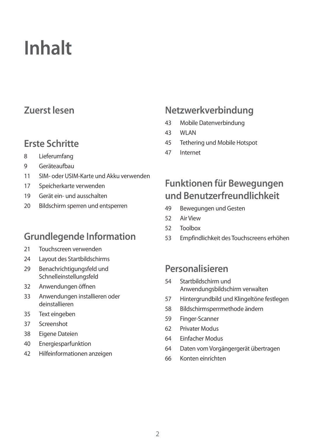 Samsung SM-G800FZKADBT, SM-G800FZWADBT, SM-G800FZDADBT, SM-G800FZBADBT manual Inhalt, Zuerst lesen Erste Schritte 