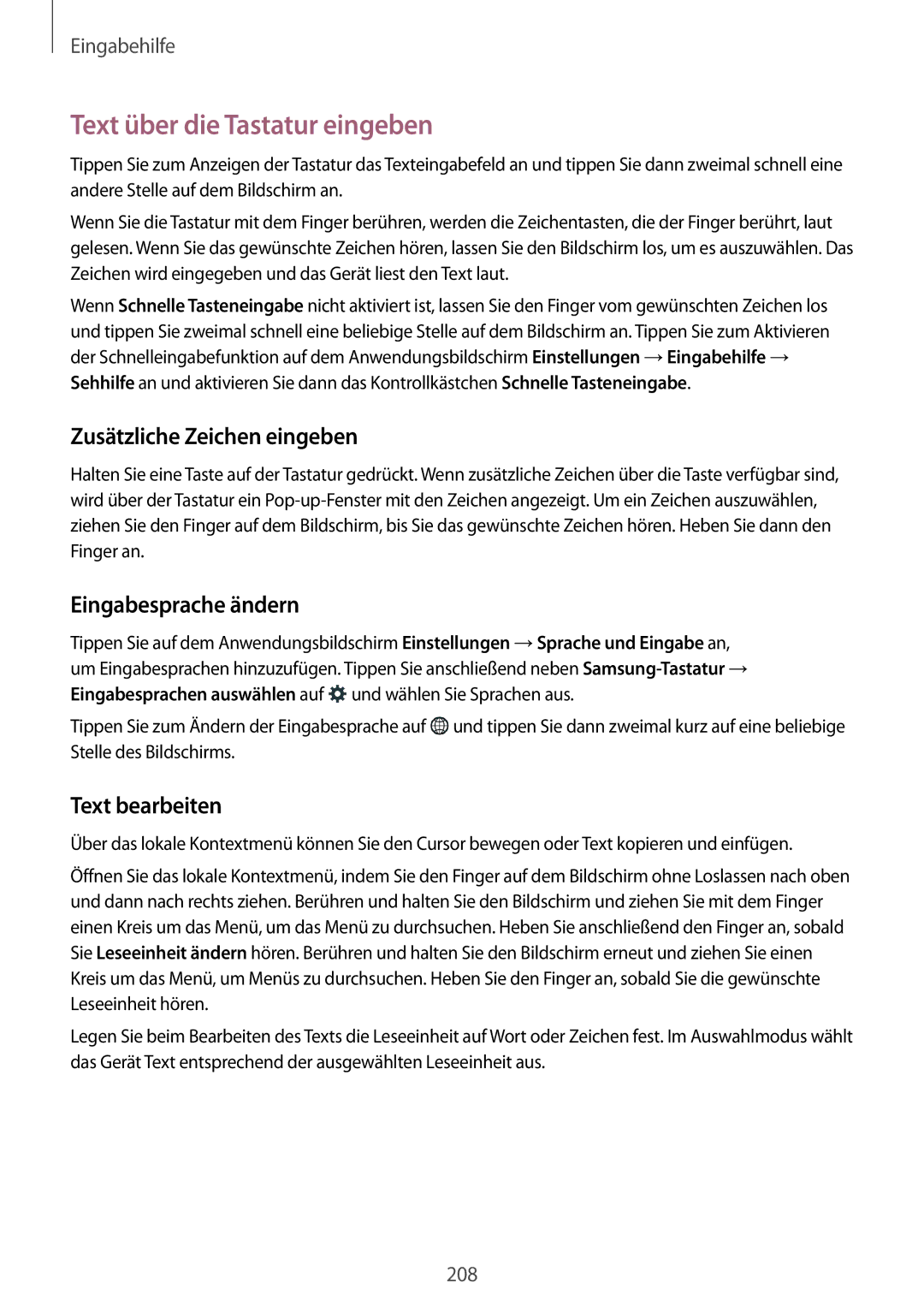 Samsung SM-G800FZWADBT, SM-G800FZDADBT manual Text über die Tastatur eingeben, Zusätzliche Zeichen eingeben, Text bearbeiten 