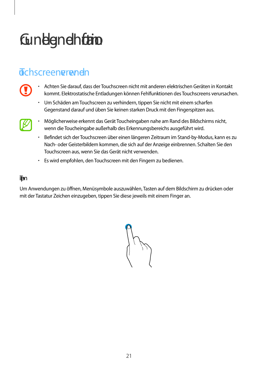 Samsung SM-G800FZDADBT, SM-G800FZWADBT, SM-G800FZKADBT manual Grundlegende Information, Touchscreen verwenden, Tippen 