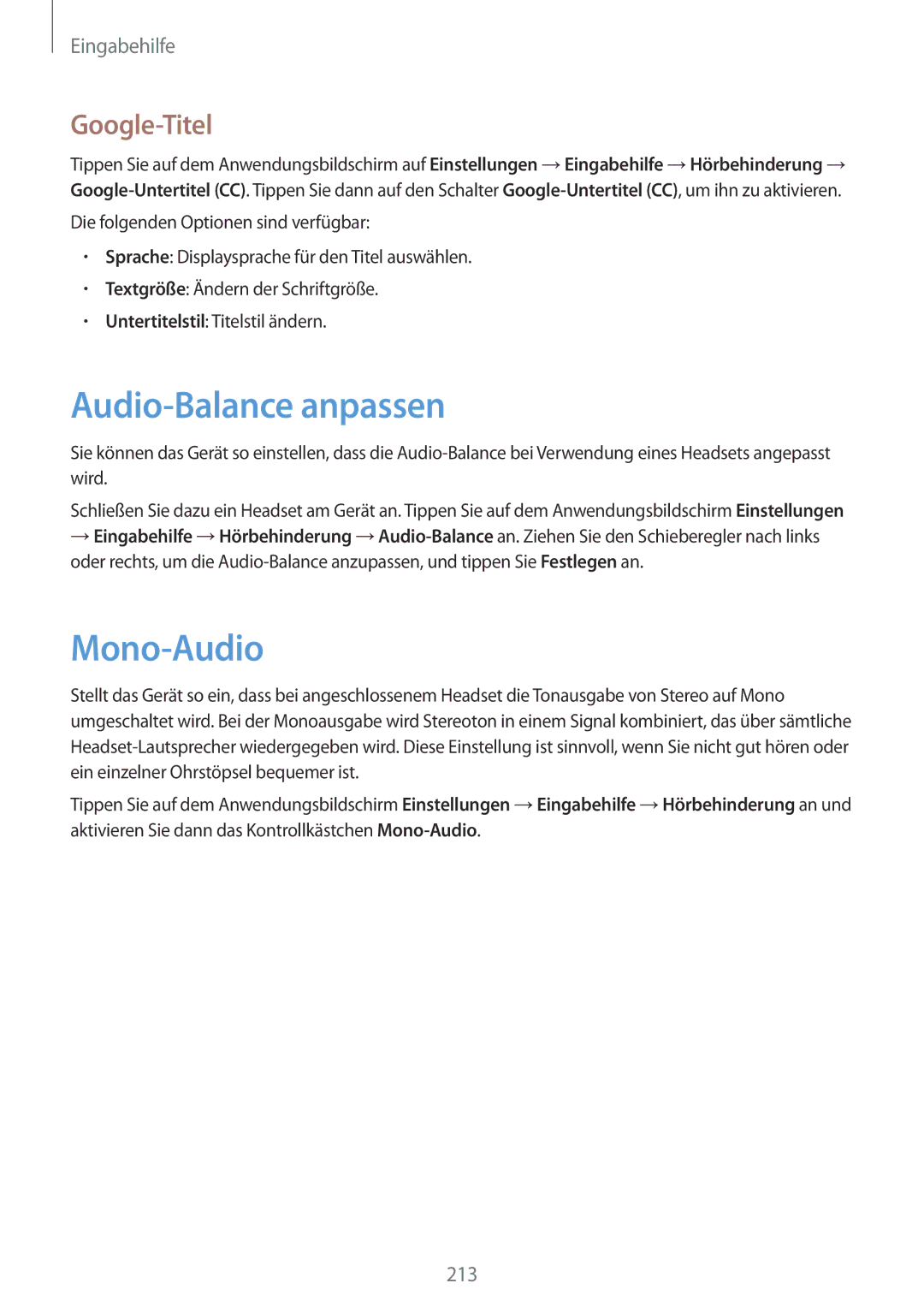 Samsung SM-G800FZDADBT, SM-G800FZWADBT, SM-G800FZKADBT, SM-G800FZBADBT manual Audio-Balance anpassen, Mono-Audio, Google-Titel 