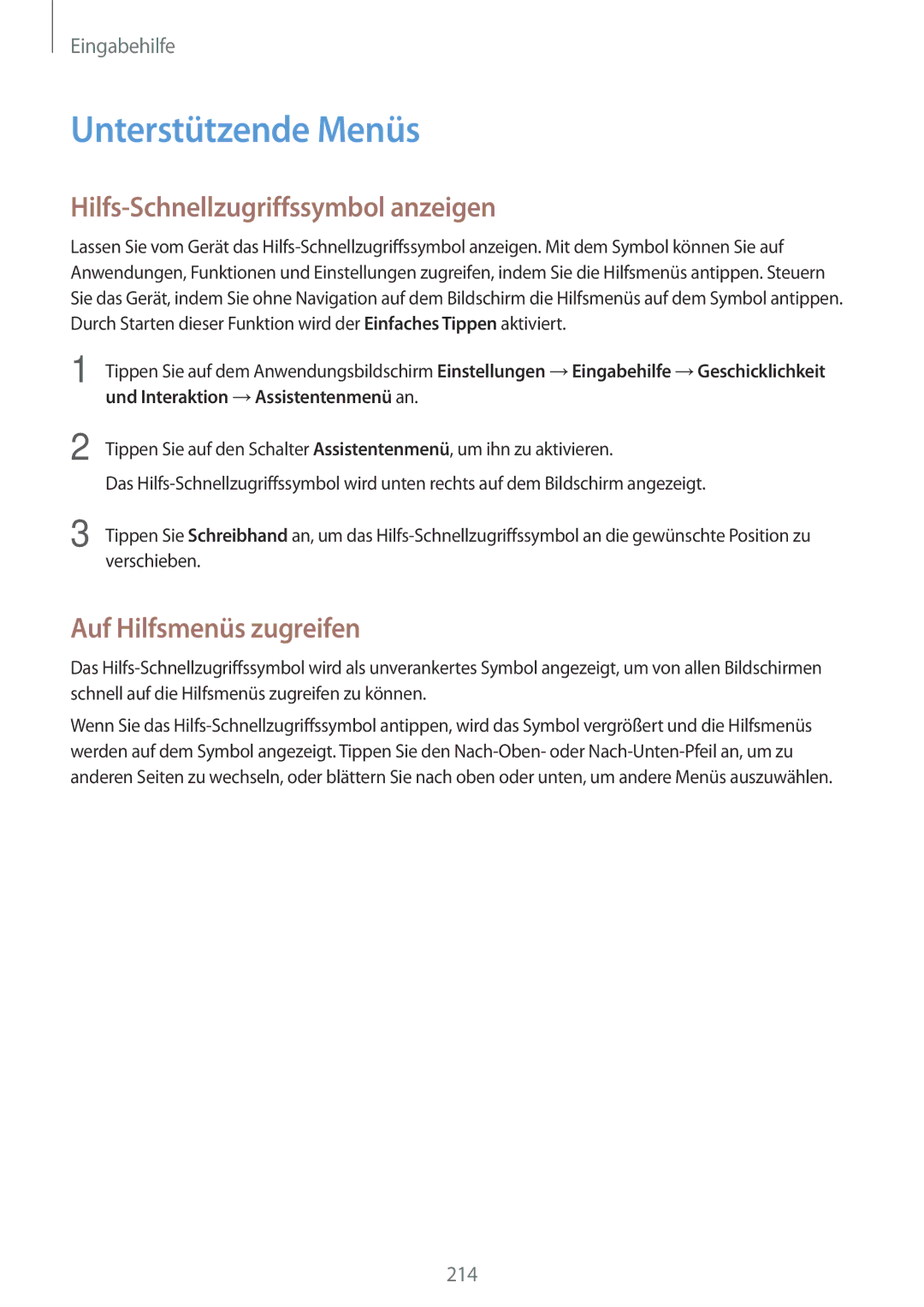 Samsung SM-G800FZKADBT manual Unterstützende Menüs, Hilfs-Schnellzugriffssymbol anzeigen, Auf Hilfsmenüs zugreifen 