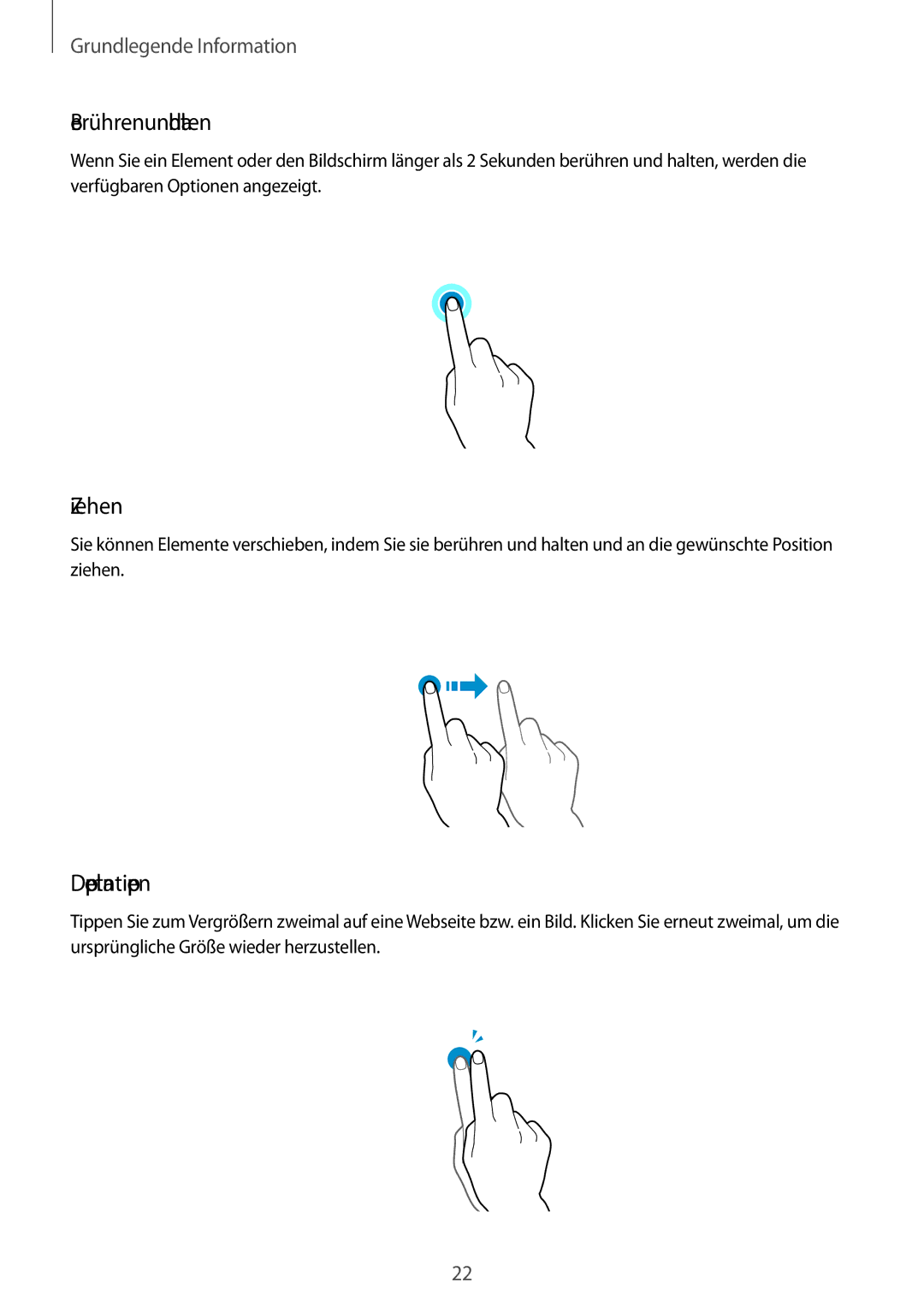 Samsung SM-G800FZKADBT, SM-G800FZWADBT, SM-G800FZDADBT, SM-G800FZBADBT manual Berühren und halten, Ziehen, Doppelt antippen 