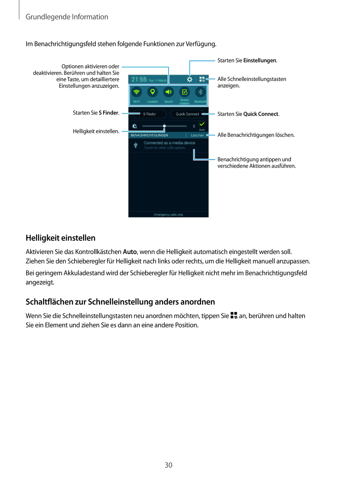 Samsung SM-G800FZKADBT, SM-G800FZWADBT manual Helligkeit einstellen, Schaltflächen zur Schnelleinstellung anders anordnen 