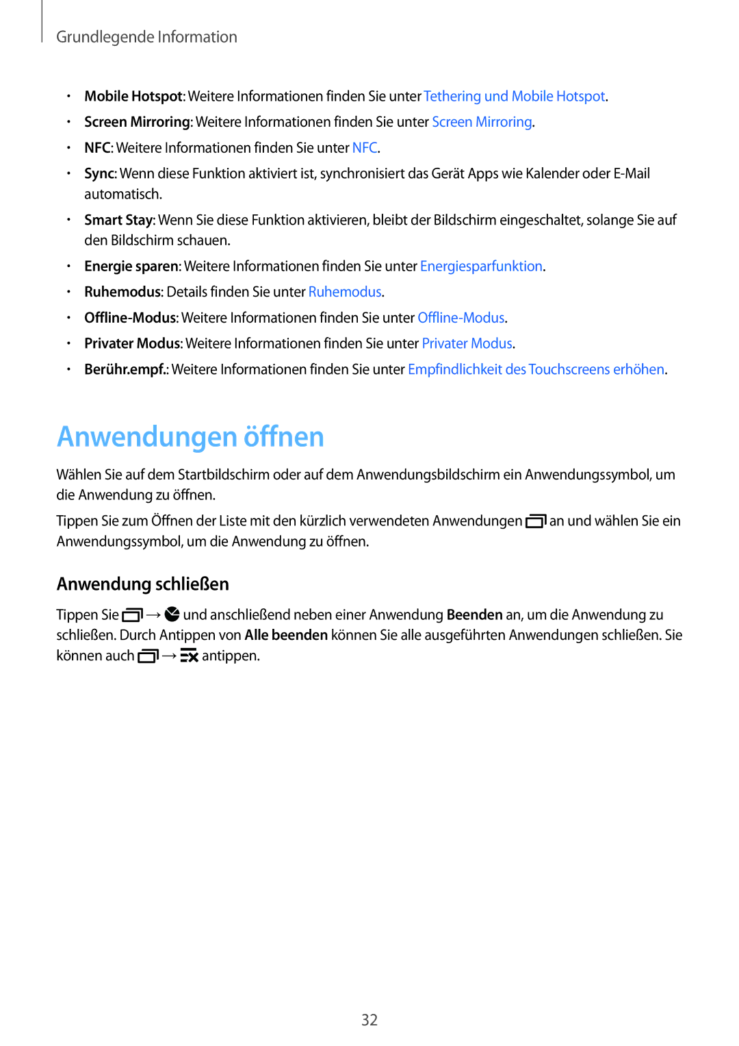 Samsung SM-G800FZWADBT, SM-G800FZDADBT, SM-G800FZKADBT, SM-G800FZBADBT manual Anwendungen öffnen, Anwendung schließen 