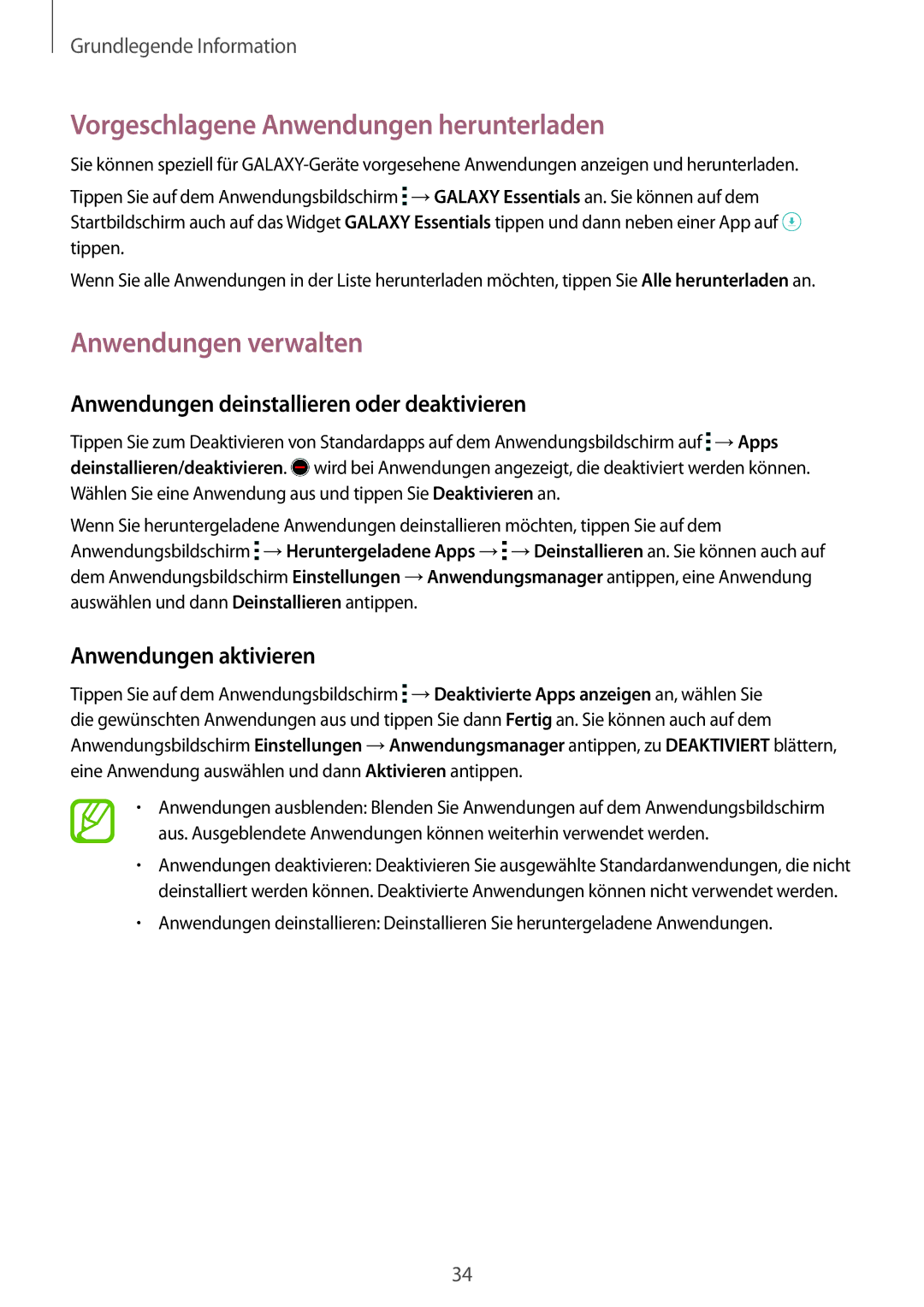 Samsung SM-G800FZKADBT manual Vorgeschlagene Anwendungen herunterladen, Anwendungen verwalten, Anwendungen aktivieren 