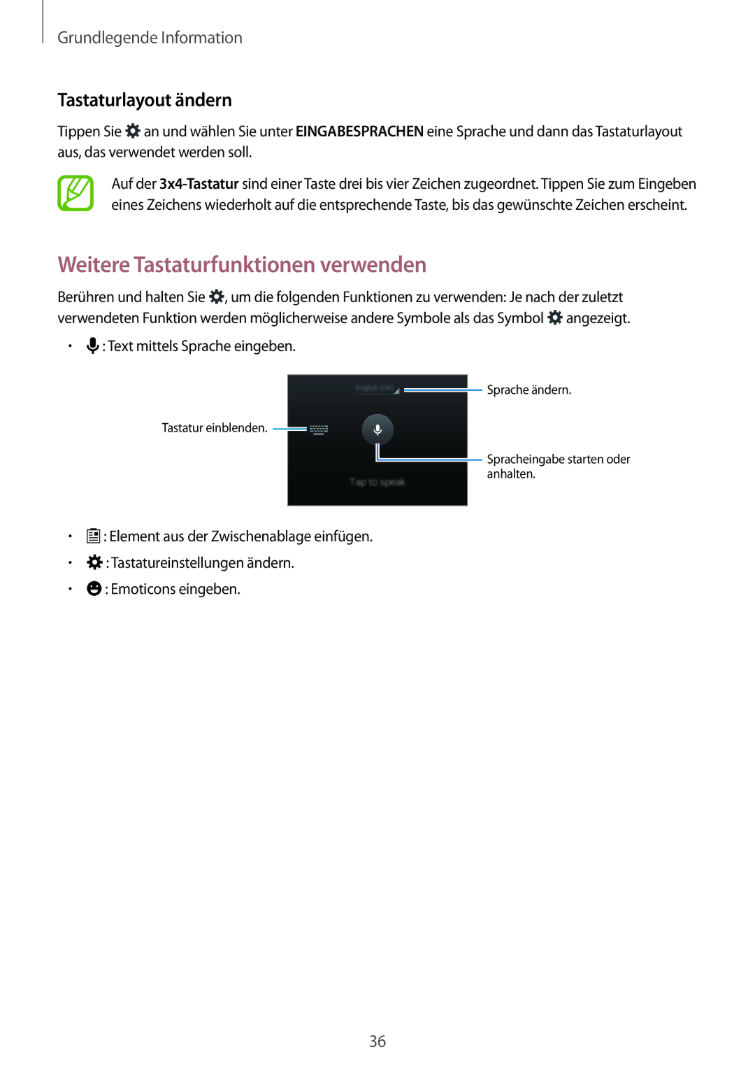 Samsung SM-G800FZWADBT, SM-G800FZDADBT, SM-G800FZKADBT manual Weitere Tastaturfunktionen verwenden, Tastaturlayout ändern 