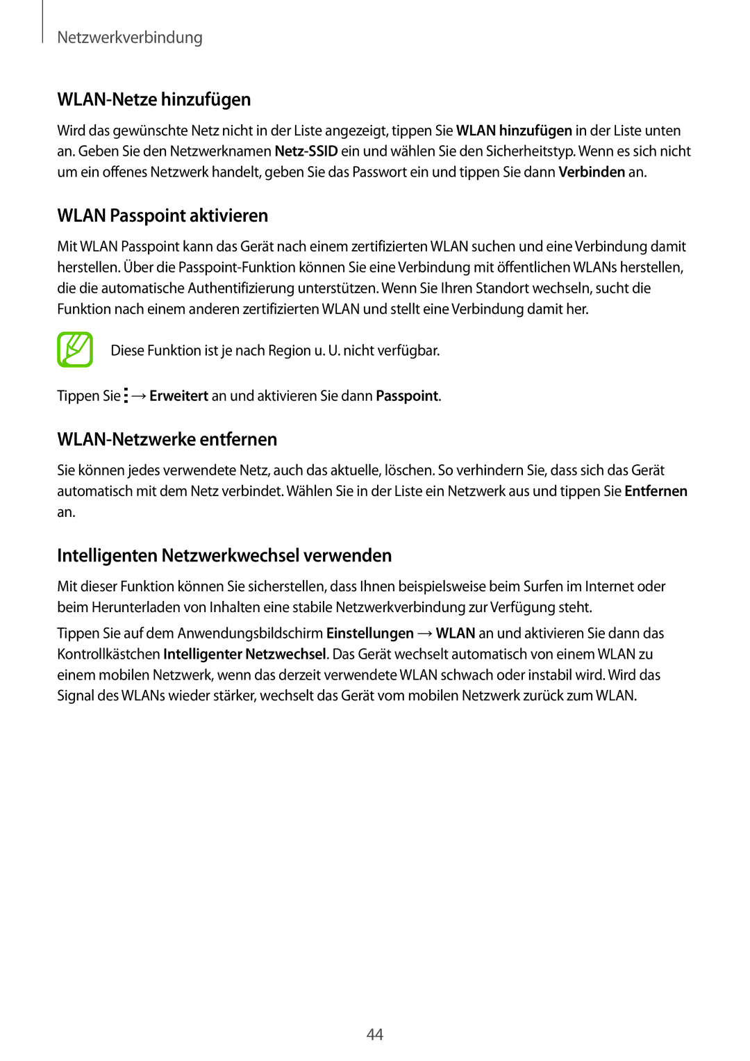 Samsung SM-G800FZWADBT, SM-G800FZDADBT manual WLAN-Netze hinzufügen, Wlan Passpoint aktivieren, WLAN-Netzwerke entfernen 