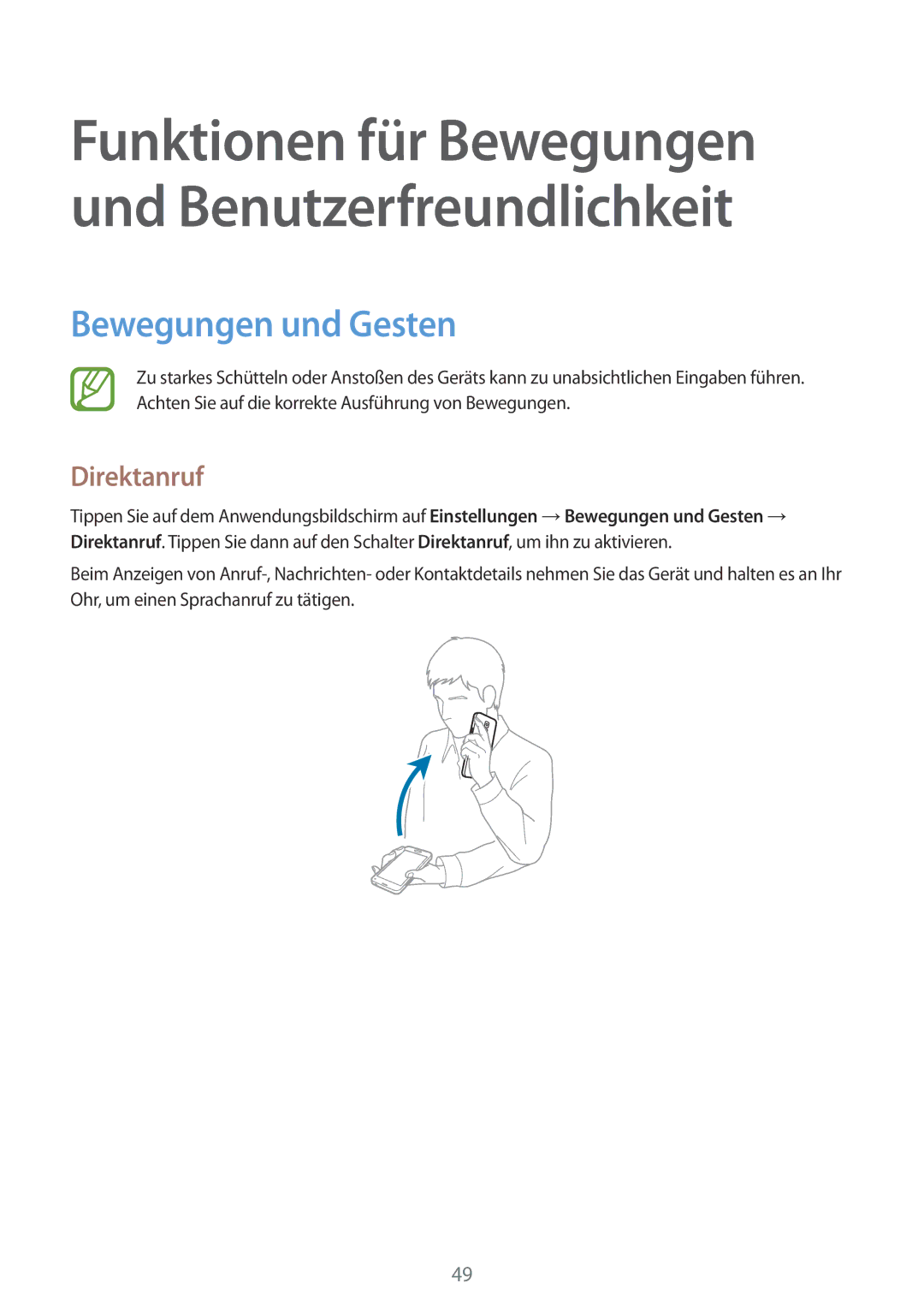 Samsung SM-G800FZDADBT, SM-G800FZWADBT, SM-G800FZKADBT, SM-G800FZBADBT manual Bewegungen und Gesten, Direktanruf 