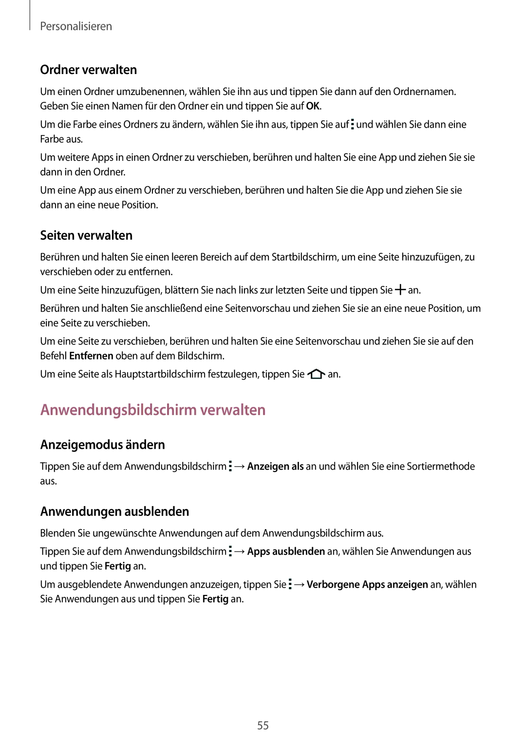 Samsung SM-G800FZBADBT manual Anwendungsbildschirm verwalten, Ordner verwalten, Seiten verwalten, Anzeigemodus ändern 