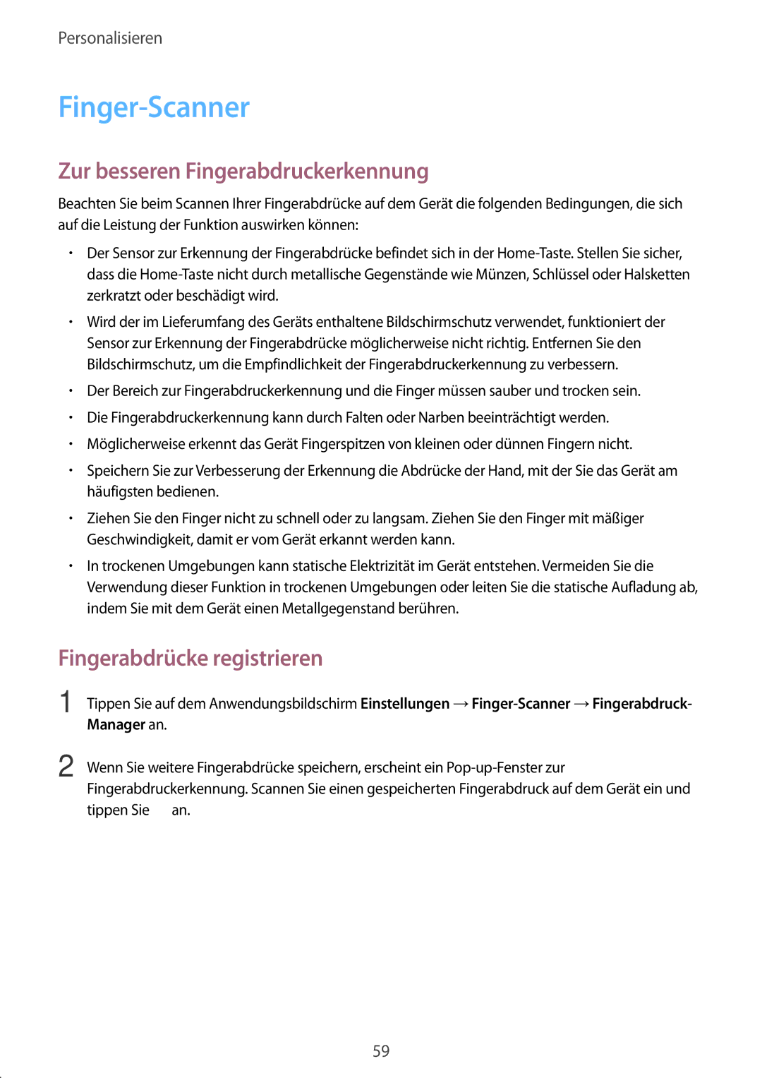 Samsung SM-G800FZBADBT manual Finger-Scanner, Zur besseren Fingerabdruckerkennung, Fingerabdrücke registrieren, Manager an 