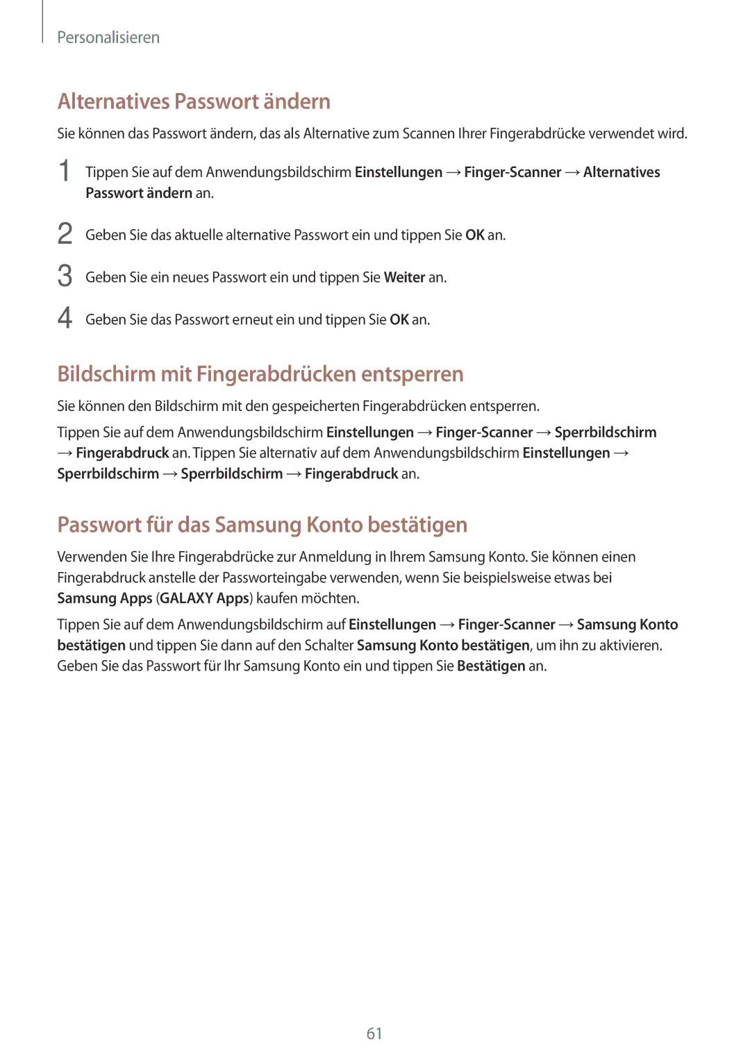 Samsung SM-G800FZDADBT, SM-G800FZWADBT manual Alternatives Passwort ändern, Bildschirm mit Fingerabdrücken entsperren 