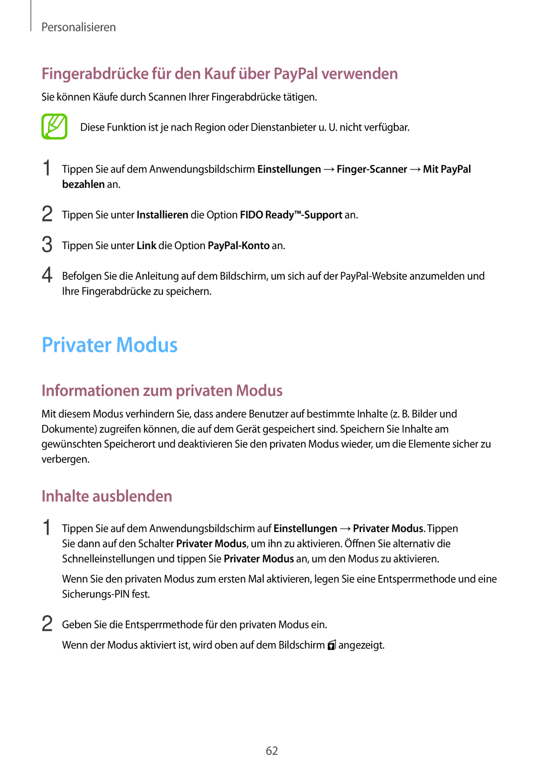 Samsung SM-G800FZKADBT Privater Modus, Fingerabdrücke für den Kauf über PayPal verwenden, Informationen zum privaten Modus 