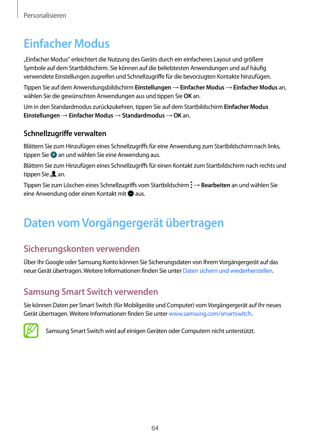 Samsung SM-G800FZWADBT, SM-G800FZDADBT Einfacher Modus, Daten vom Vorgängergerät übertragen, Sicherungskonten verwenden 