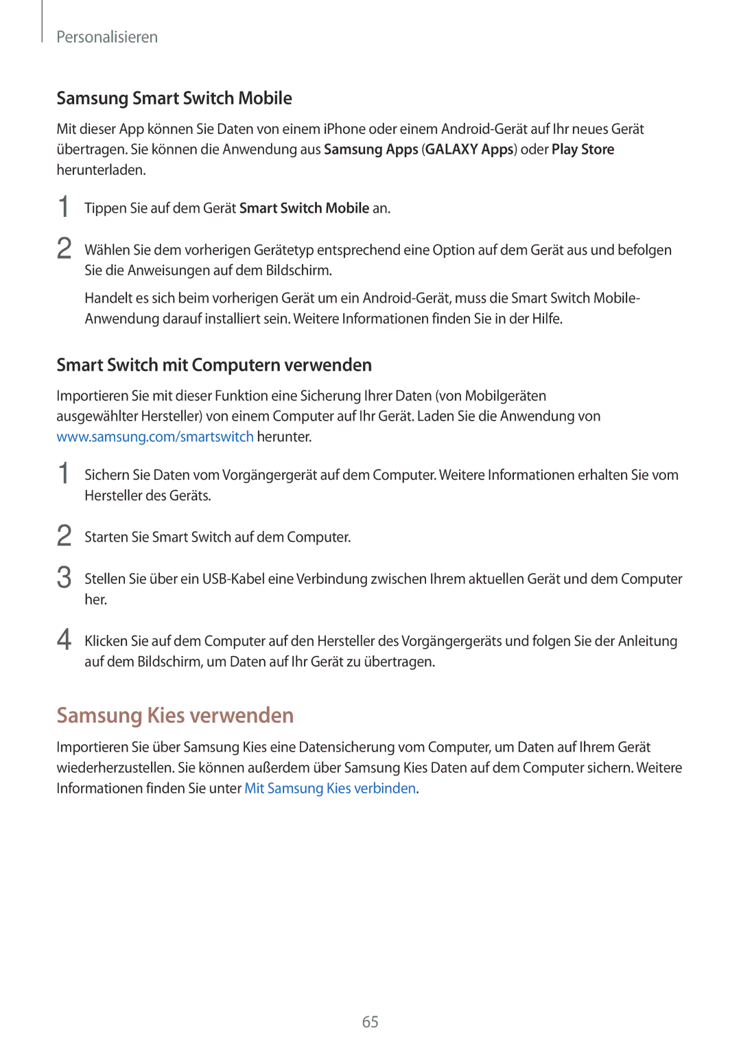 Samsung SM-G800FZDADBT manual Samsung Kies verwenden, Samsung Smart Switch Mobile, Smart Switch mit Computern verwenden 