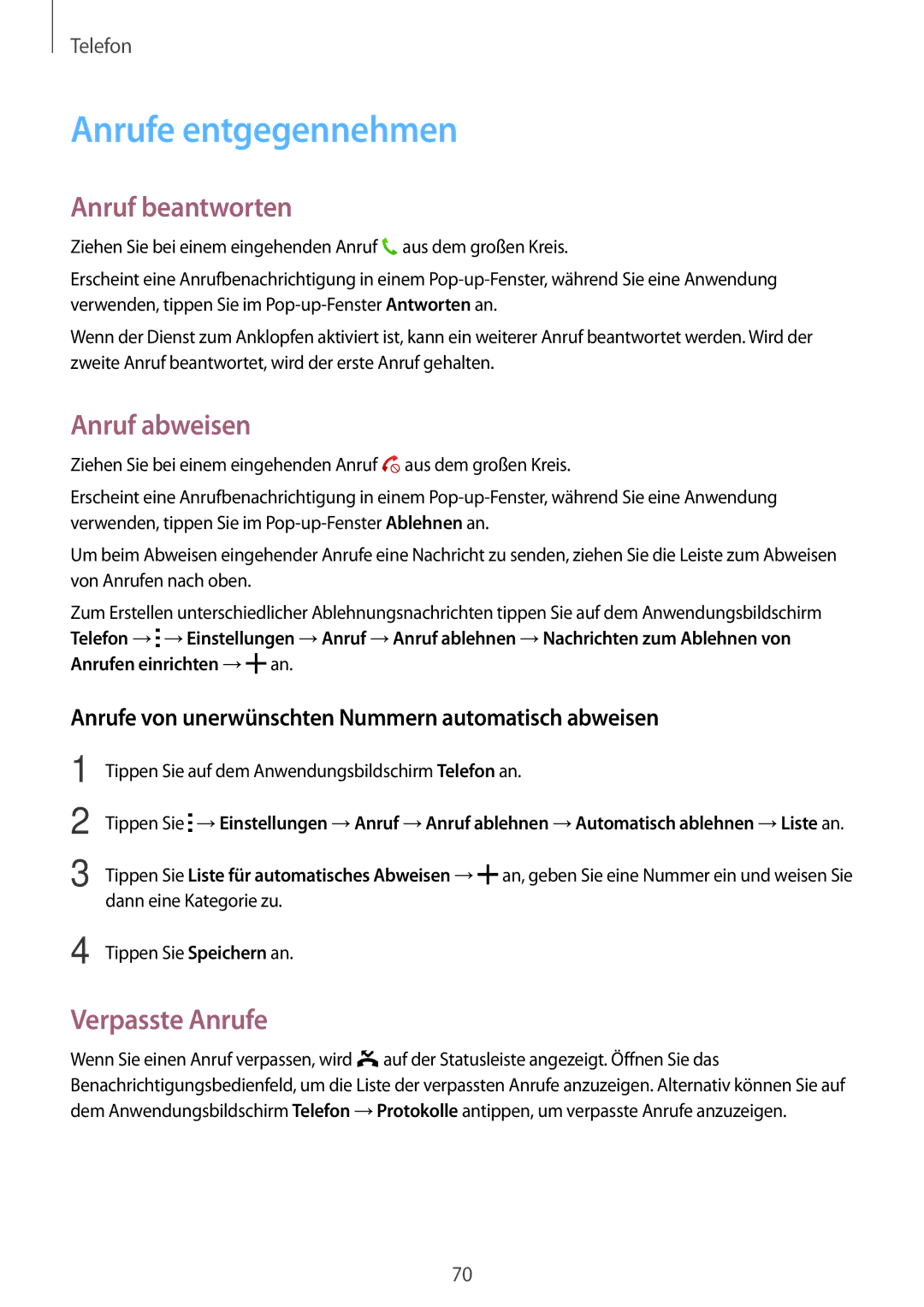 Samsung SM-G800FZKADBT, SM-G800FZWADBT manual Anrufe entgegennehmen, Anruf beantworten, Anruf abweisen, Verpasste Anrufe 