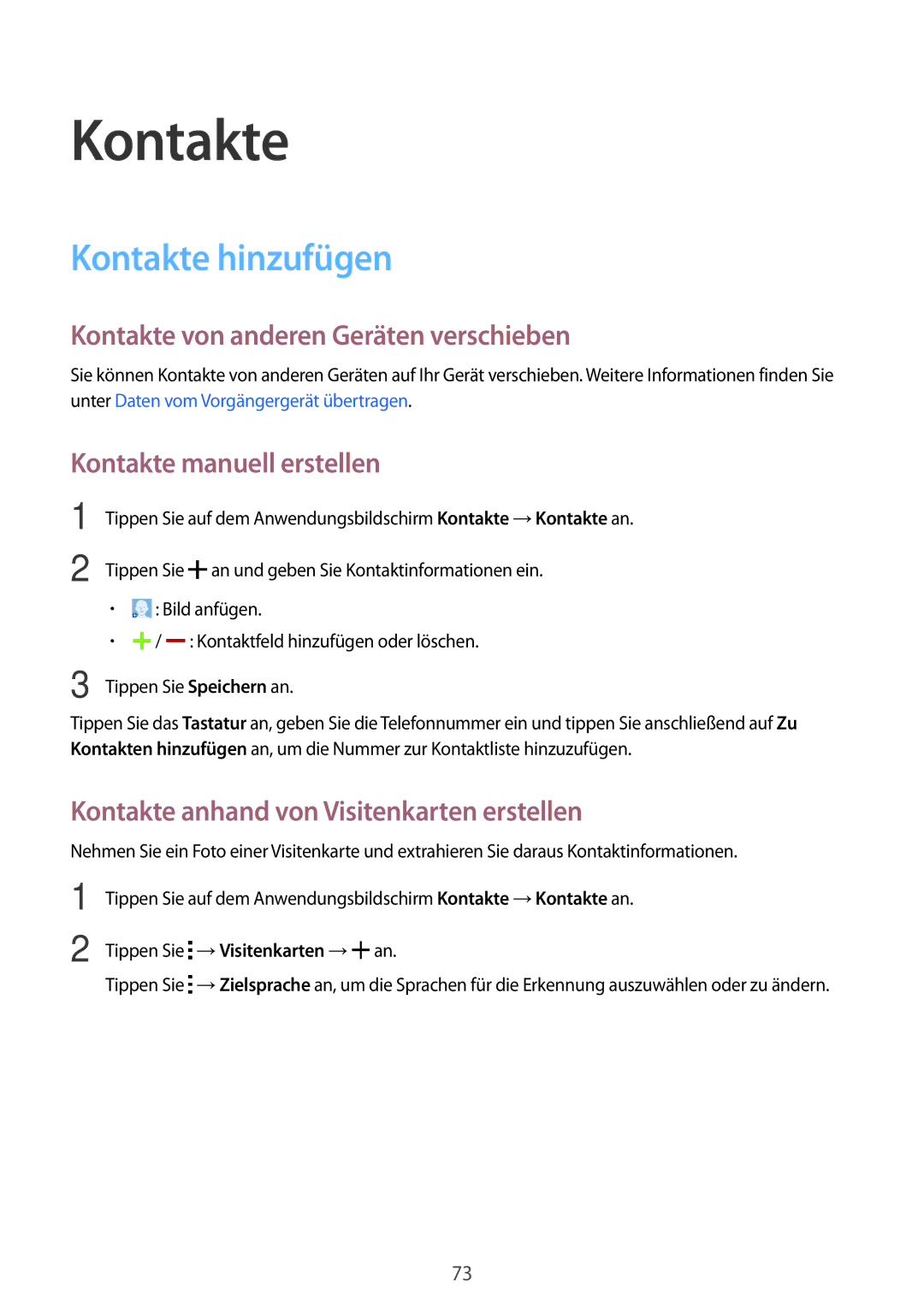 Samsung SM-G800FZDADBT manual Kontakte hinzufügen, Kontakte von anderen Geräten verschieben, Kontakte manuell erstellen 