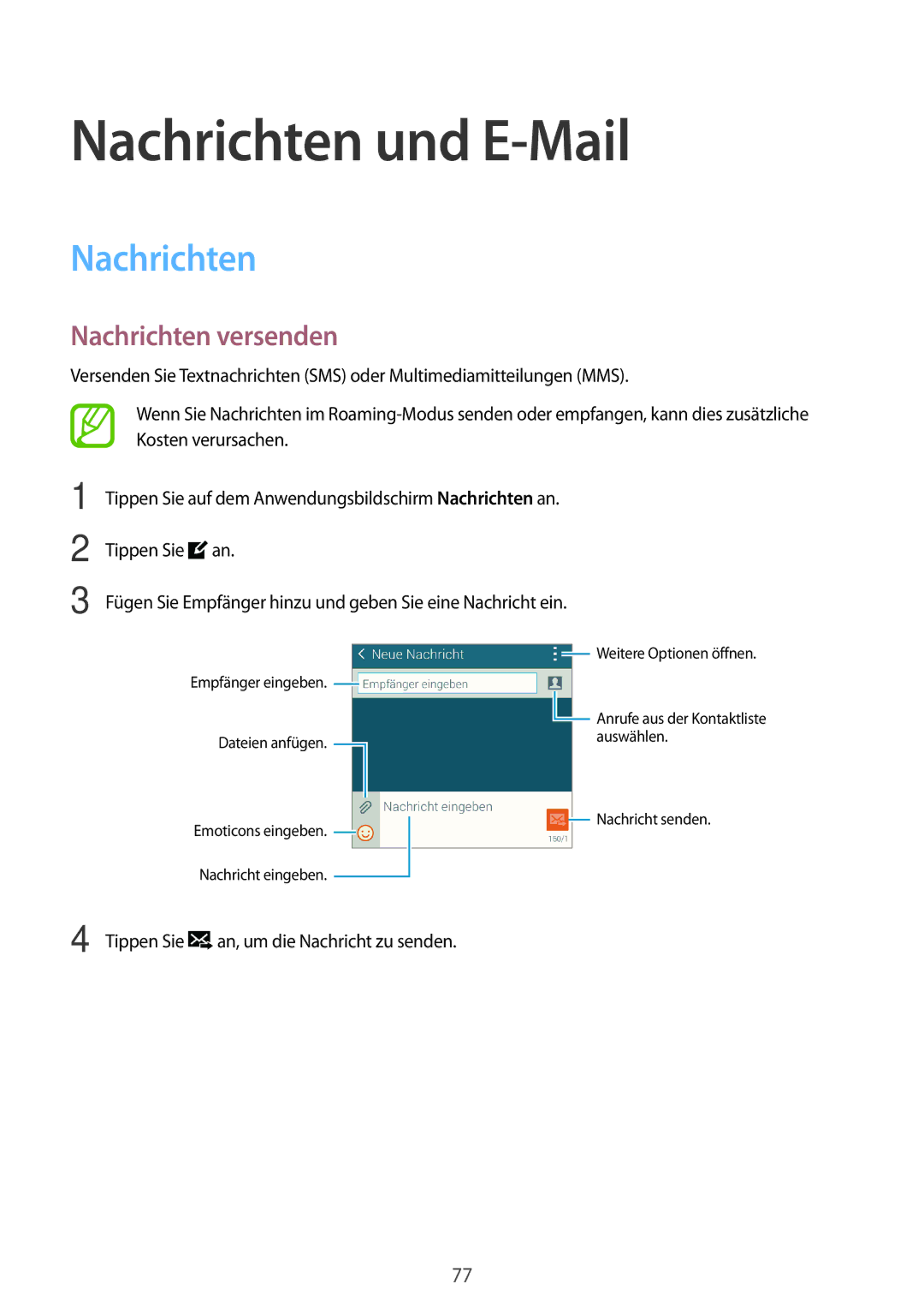 Samsung SM-G800FZDADBT, SM-G800FZWADBT, SM-G800FZKADBT, SM-G800FZBADBT manual Nachrichten und E-Mail, Nachrichten versenden 